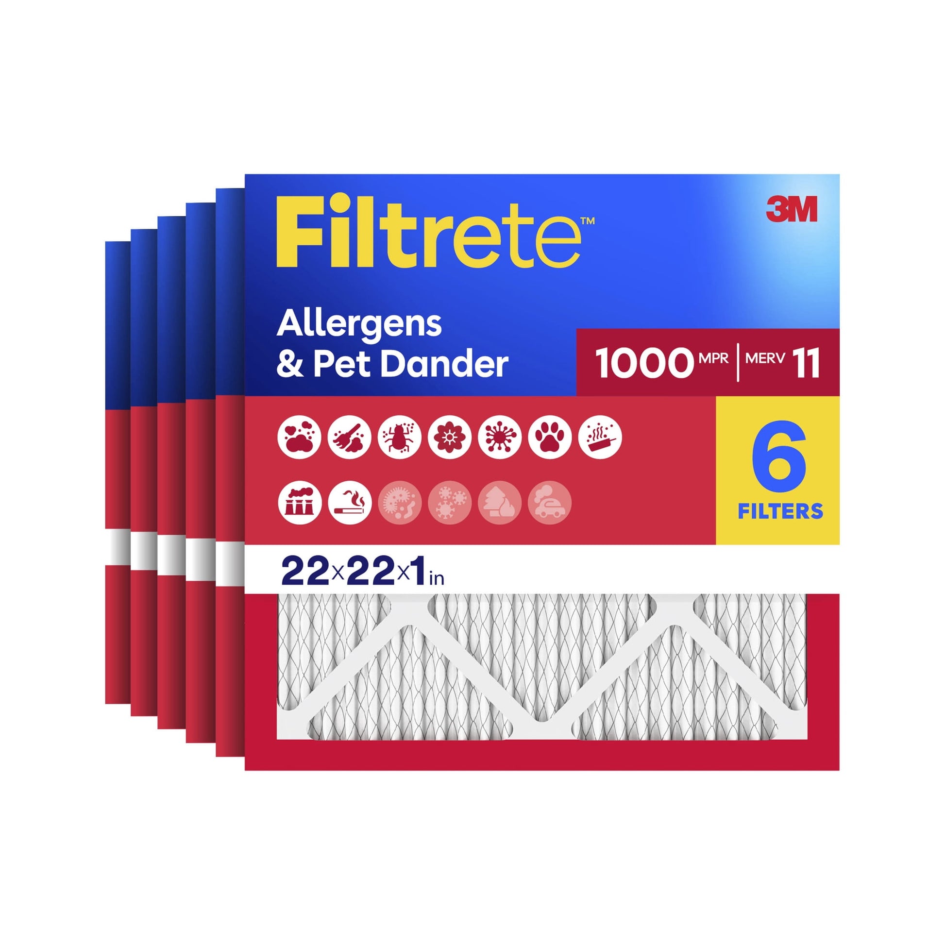 Filtrete 22x22x1 HVAC Furnace Air Filter, MPR 1000 MERV 11, Allergens & Pet Dander, 6 Pack