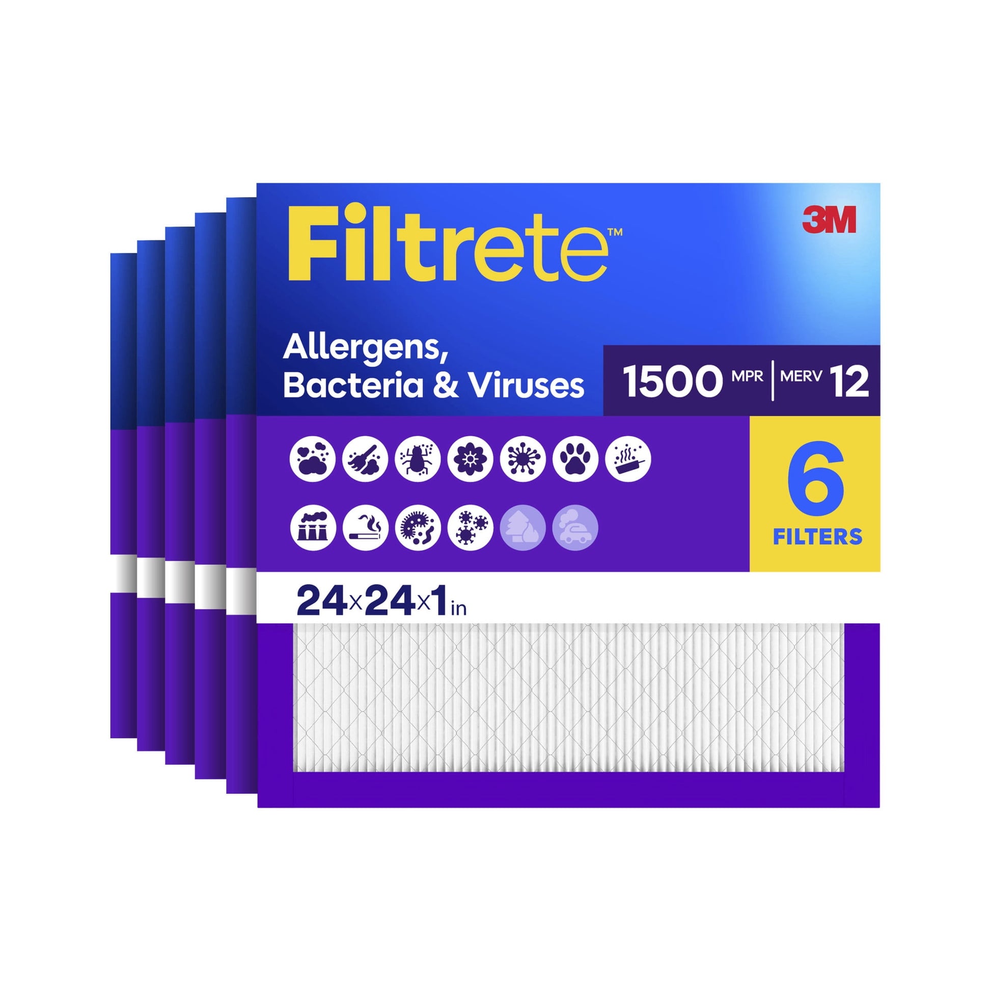 Filtrete 24x24x1 HVAC Furnace Air Filter, MPR 1500 MERV 12, Allergens, Bacteria & Viruses, 6 Pack