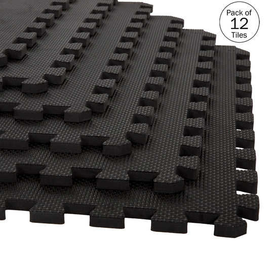 Foam Flooring Tiles â€“ 12-Pack Interlocking EVA Foam Pieces â€“ Non-Toxic Floor Padding for Playroom, Gym, or Basement by Stalwart (Black)
