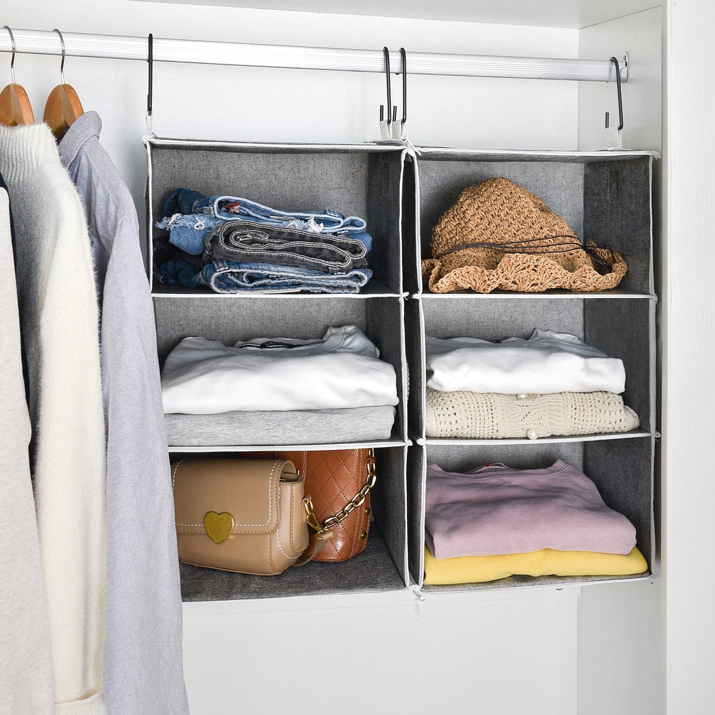 StorageWorks 6-Shelf Hanging Closet Organizer, Multifunctional Foldable Storage Hanging Shelves, Polyester Fabric, Greenish Gray, 12x12x42 inches