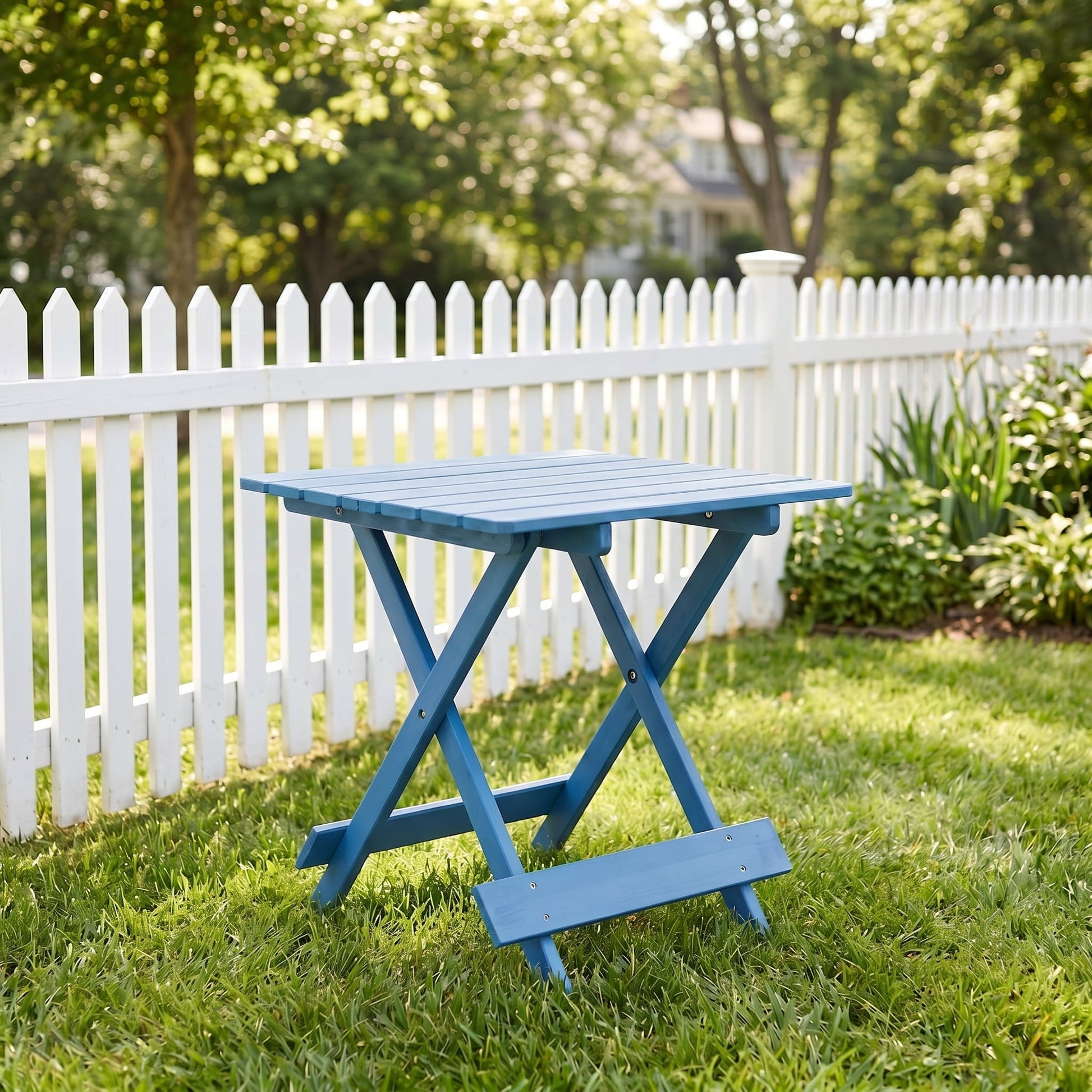 Folding Square Table, Solid Wood Portable Space Saving Outdoor Table for Backyard Balcony Garden Camping Party, Blue
