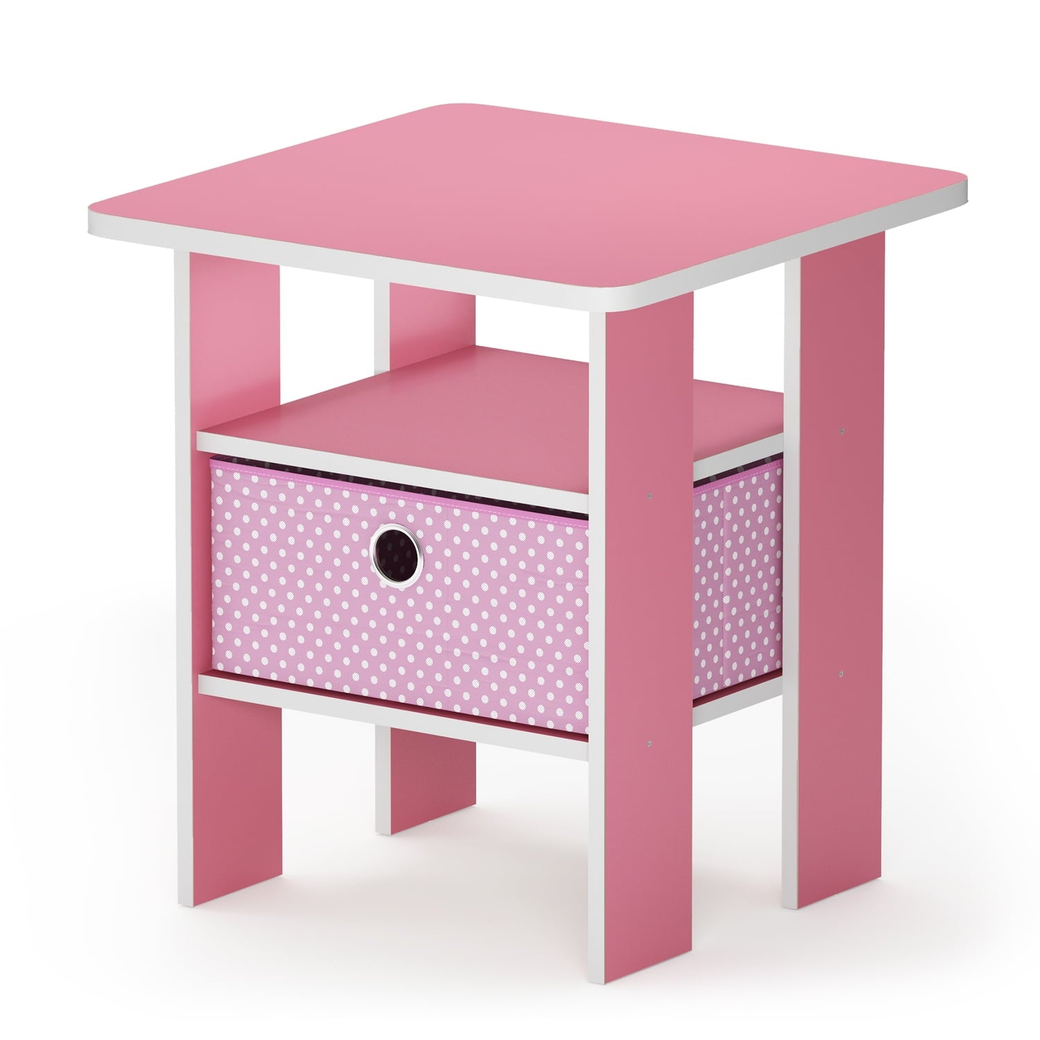 Furinno Andrey Engineered Wood End Table with Bin Drawer in Light Pink