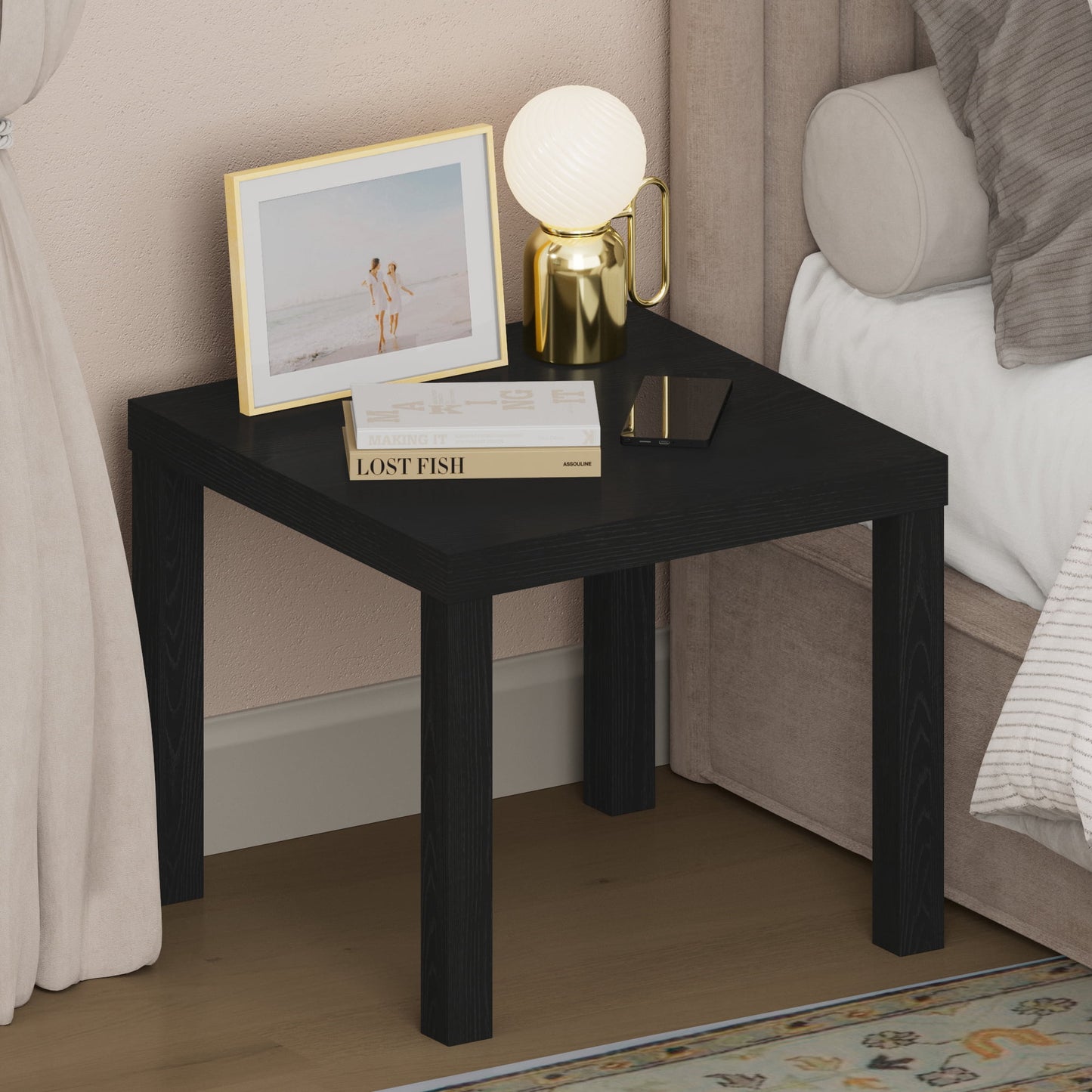 Furinno CLASSIC 1.8" Thick Tabletop Thick Frame 4-leg Square Nightstand Black