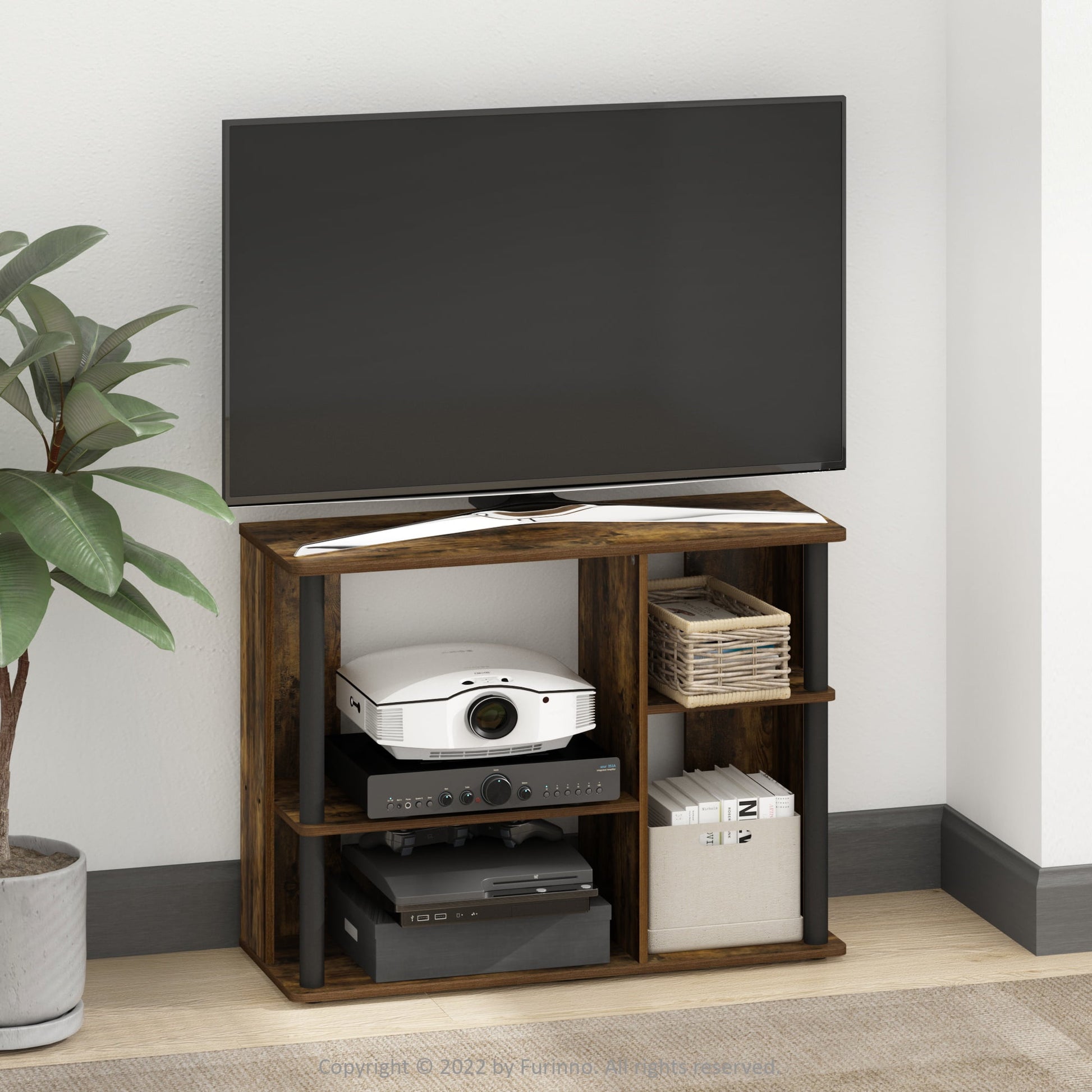 Furinno Classic TV Stand with Plastic Poles for TV up to 40-Inch, Amber Pine/Black