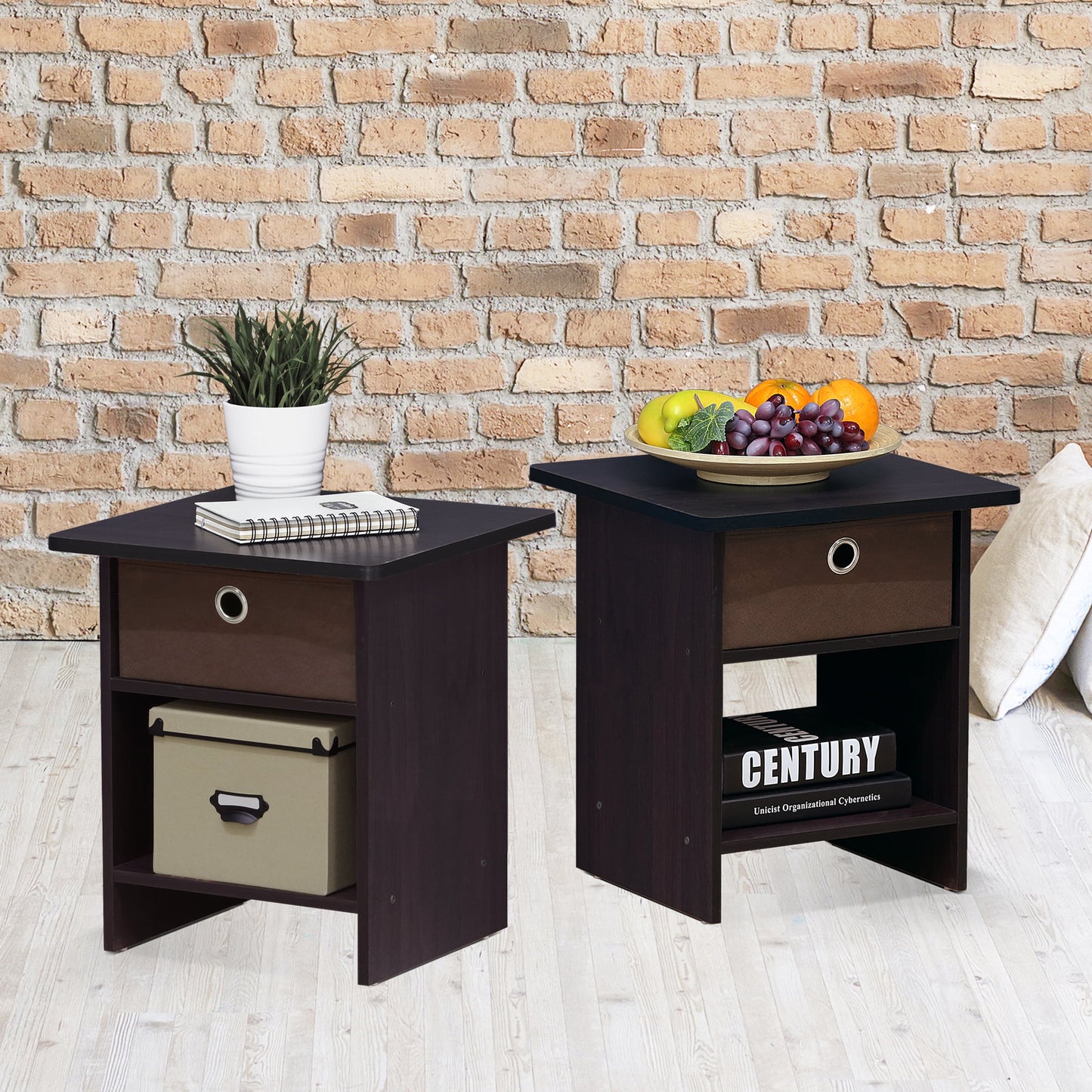 Furinno End Table/ Night Stand Storage Shelf with Bin Drawer, Espresso, Set of two