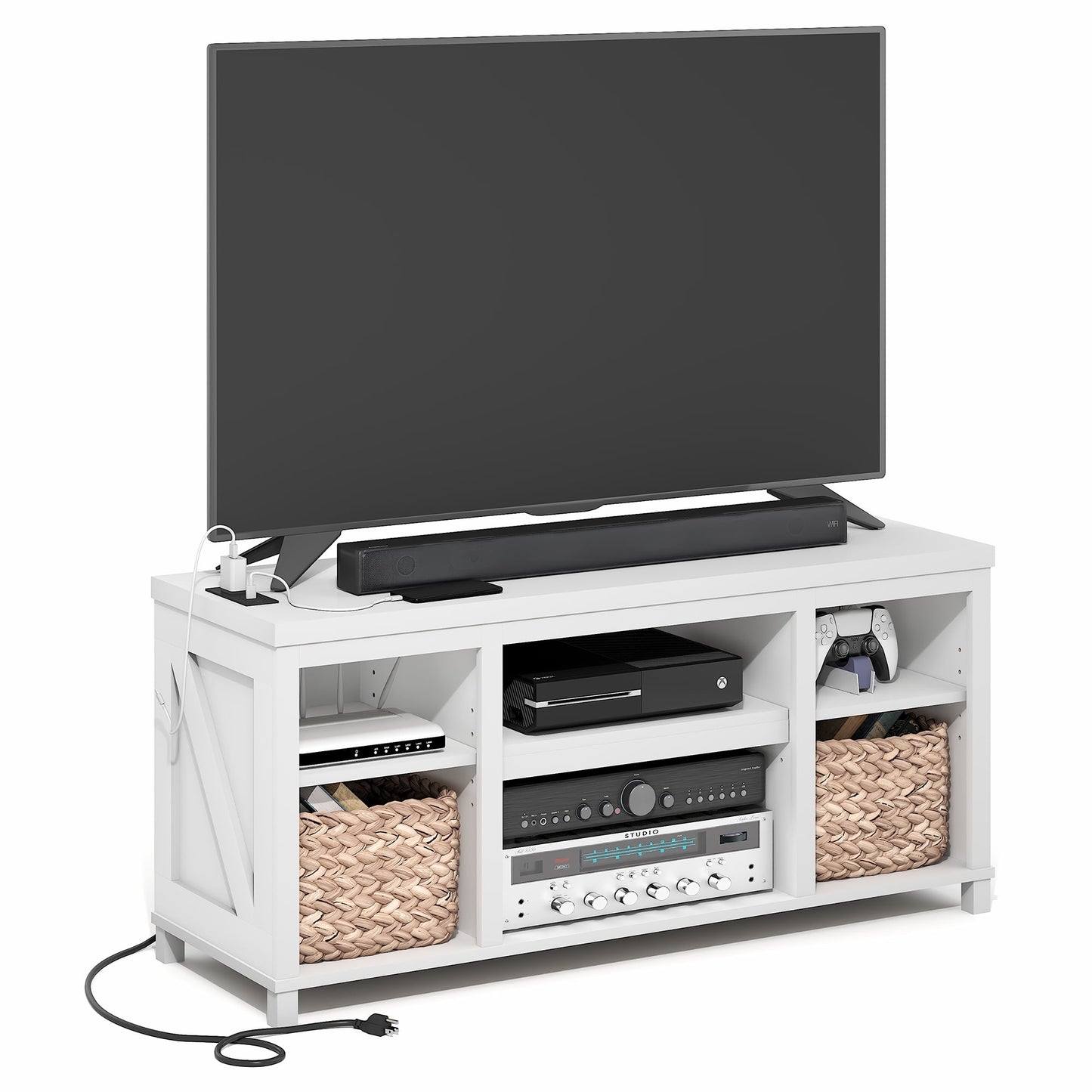 Furinno FARMHOUSE TV Stand w/ Charging 3-Tier Console for TVs up to 55" White