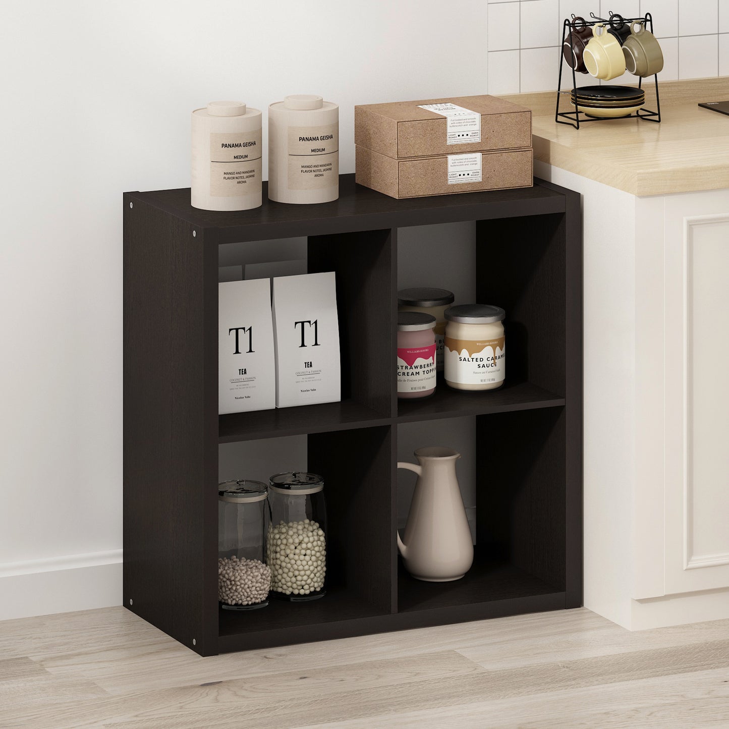 Furinno Hermite 4-Cube Open Shelves Kitchen Storage, Kitchen Island, Bakers Rack, Buffet Sideboard, Dark Oak