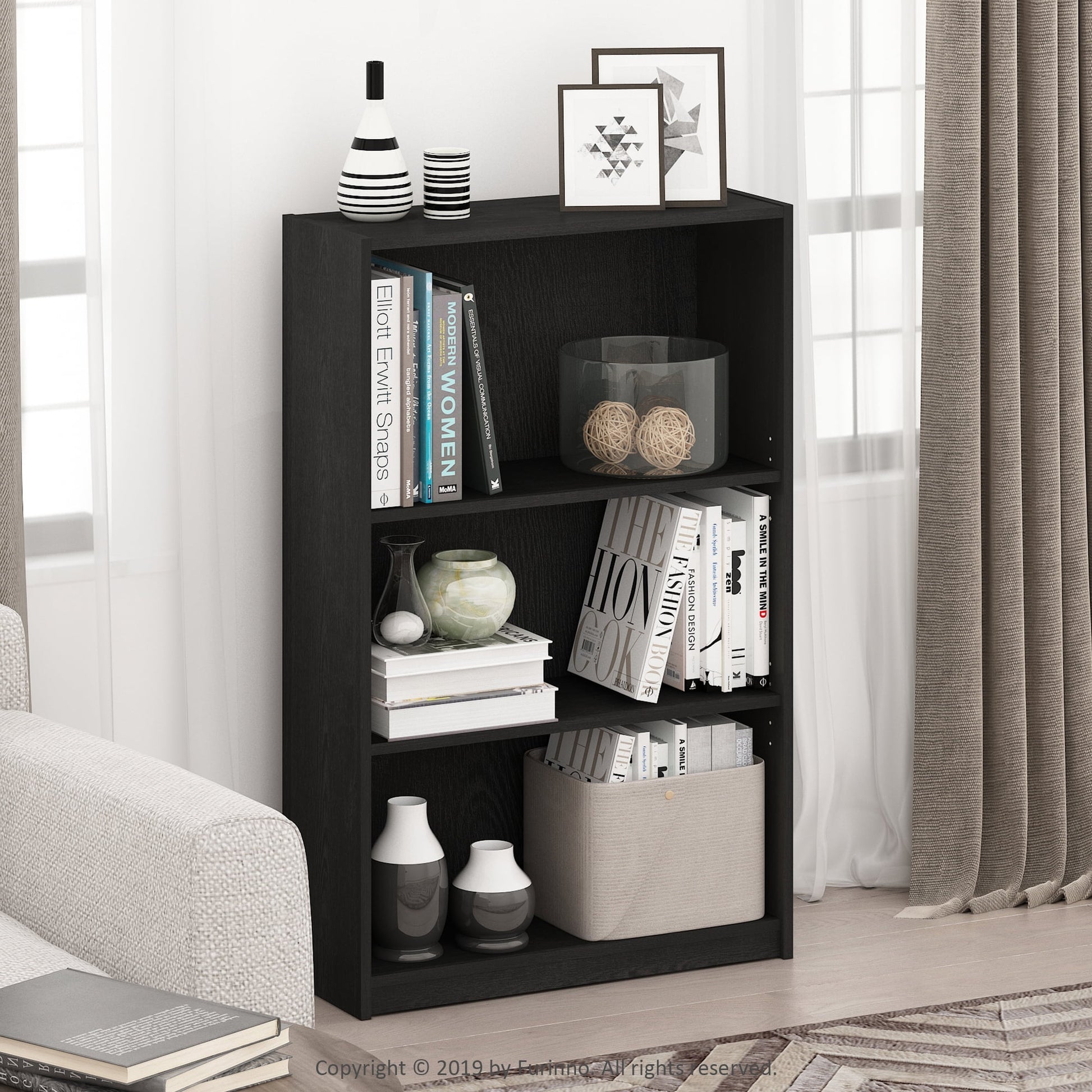 Furinno JAYA Book Shelf, 3-Tier Bookshelf, Bookcase with Adjustable Shelves, 9.5 x 24.5 x 40.3, for Living Room, Bedroom, Home Office, Darkwood