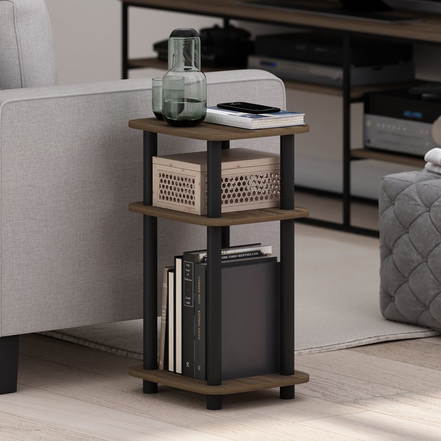 Furinno Just Mesa Auxiliar Curva de 3 Niveles Turn-N-Tube, Mesa Lateral, Paquete de 1, Columbia Walnut/negro
