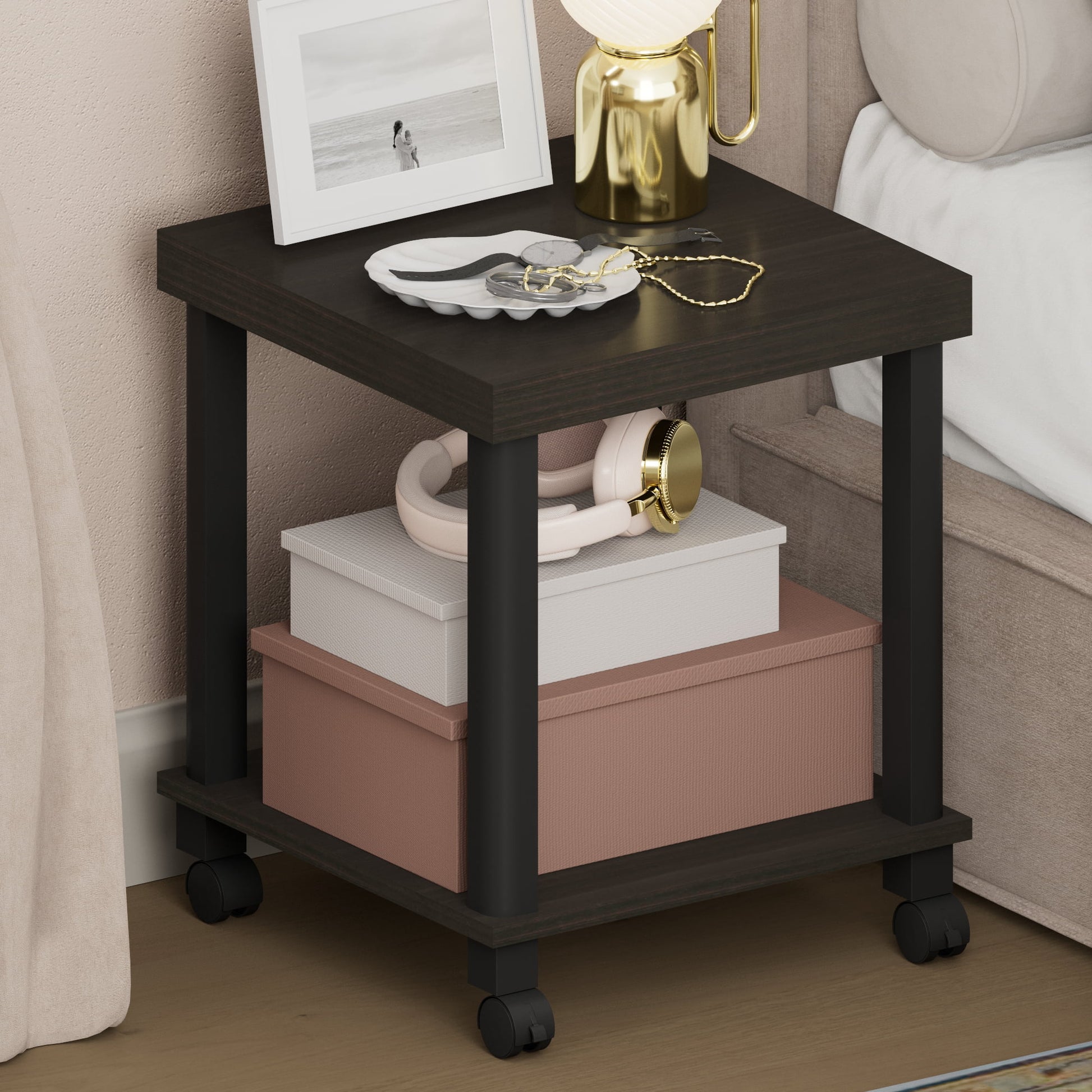 Furinno TURN-N-TUBE 2-Tier Thick Tabletop Nightstand/Wheels Toolless Espresso