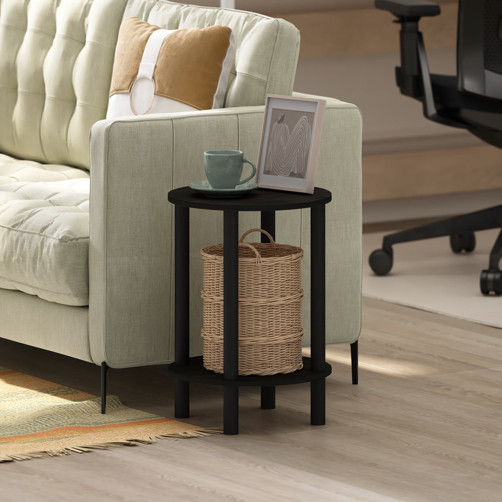 Furinno Turn-N-Tube 2-Tier Round Wooden End Table, Side Table, Espresso/Black