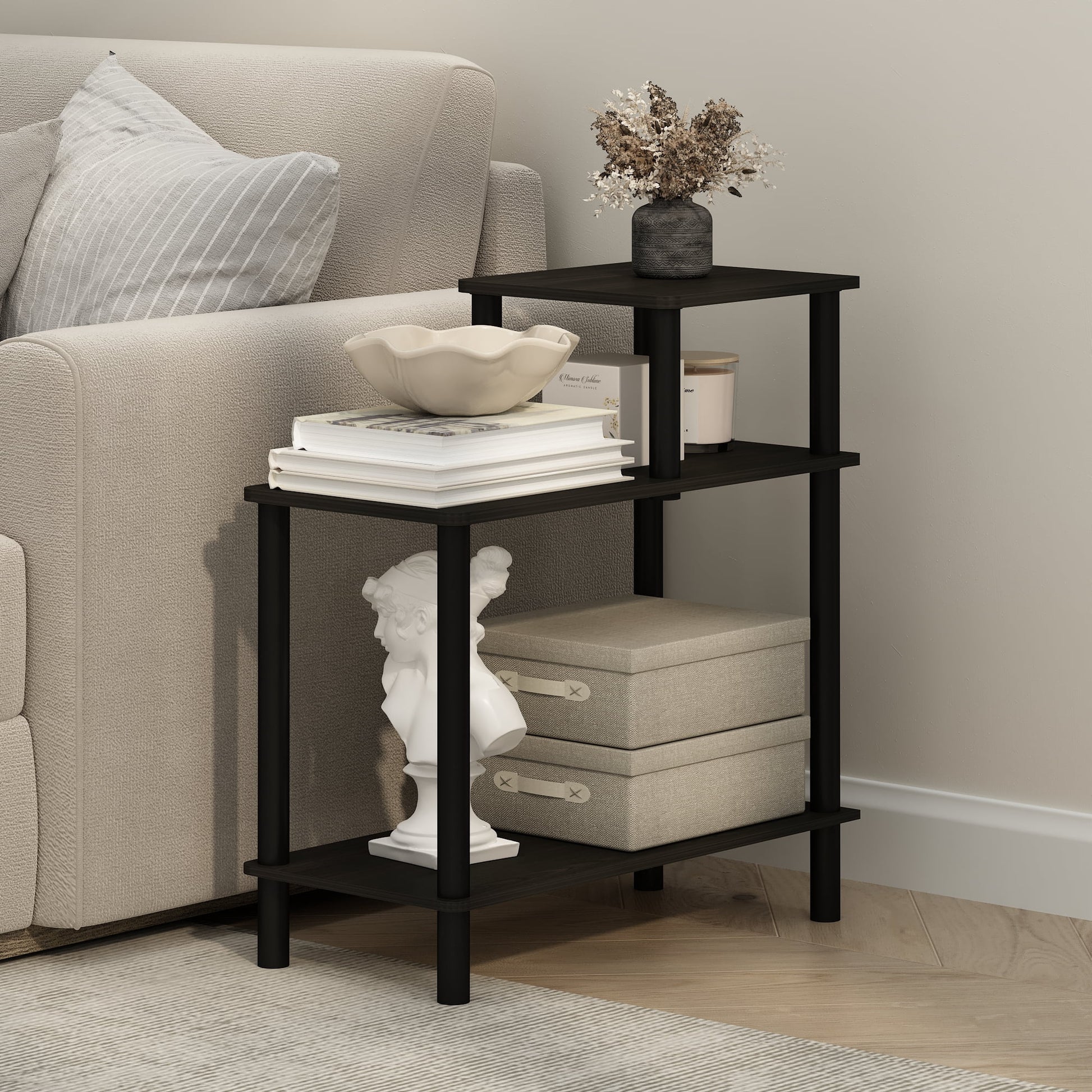 Furinno TURN-N-TUBE Side Table, 3-Tier Rectangle Sofa End Table with Open Shelf, Toolless Assembly Night Stand, Bedside Table, for Living Room, Bedroom, Black Espresso