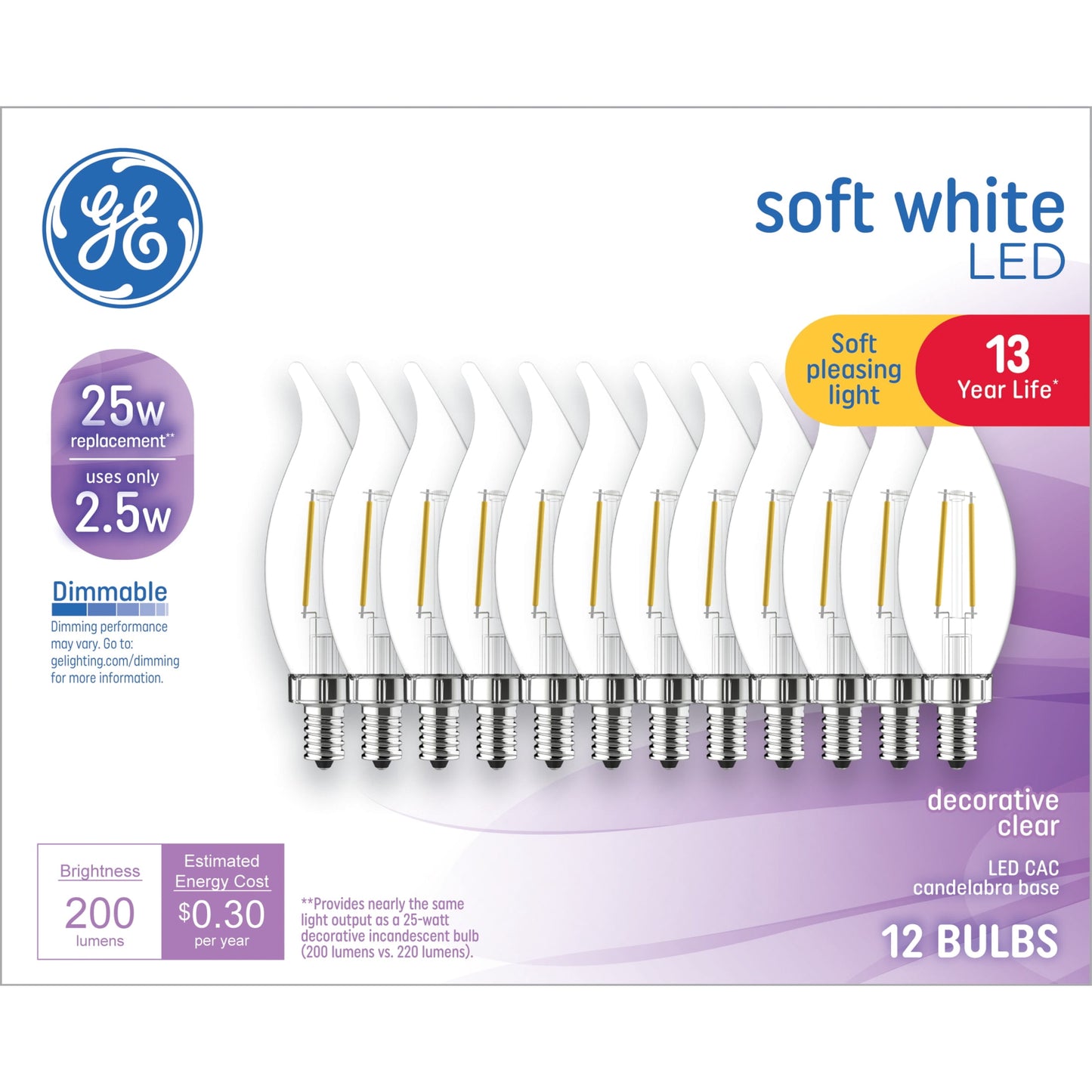 GE LED Light Bulbs, CAC Decorative Candle Bulbs, 25 Watt Replacement, Soft White (12 Pack)
