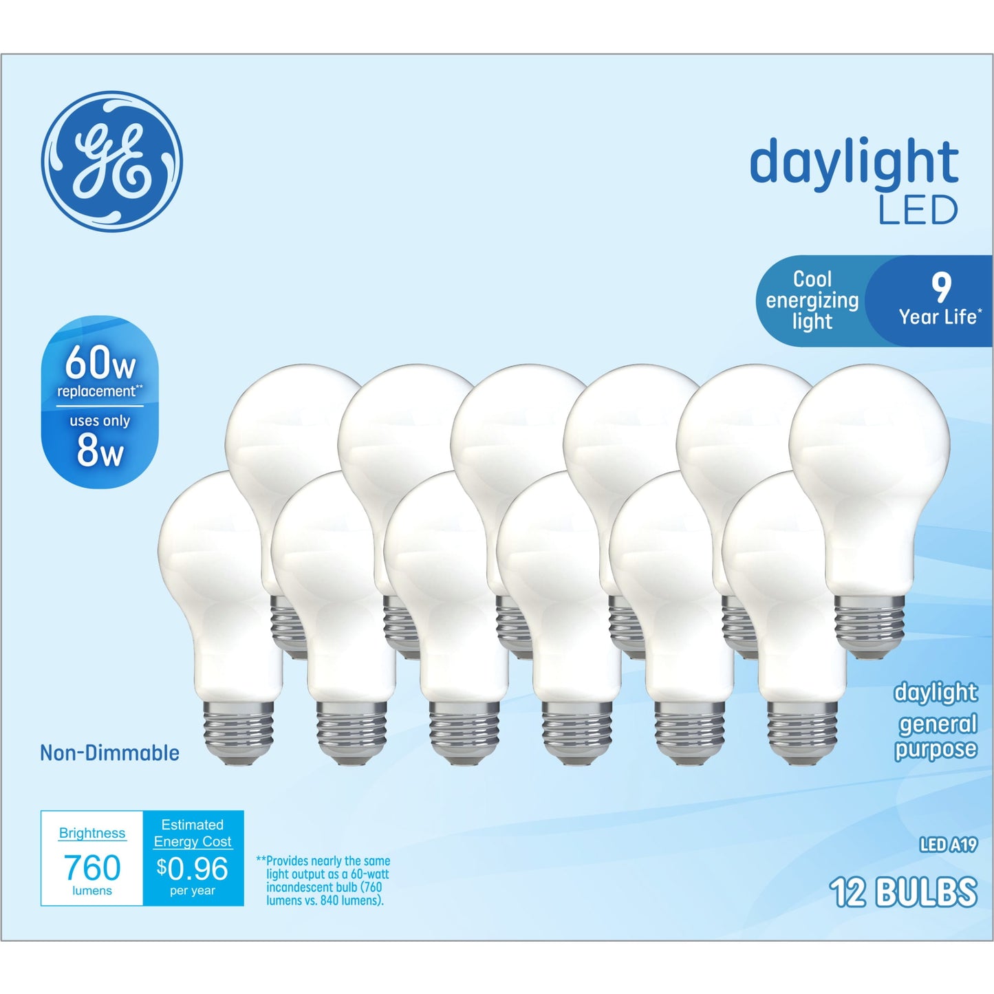 GE LED Light Bulbs, 60 Watt, Daylight, A19 Bulbs, Medium Base, Frosted Finish, 9yr, 12 Pack