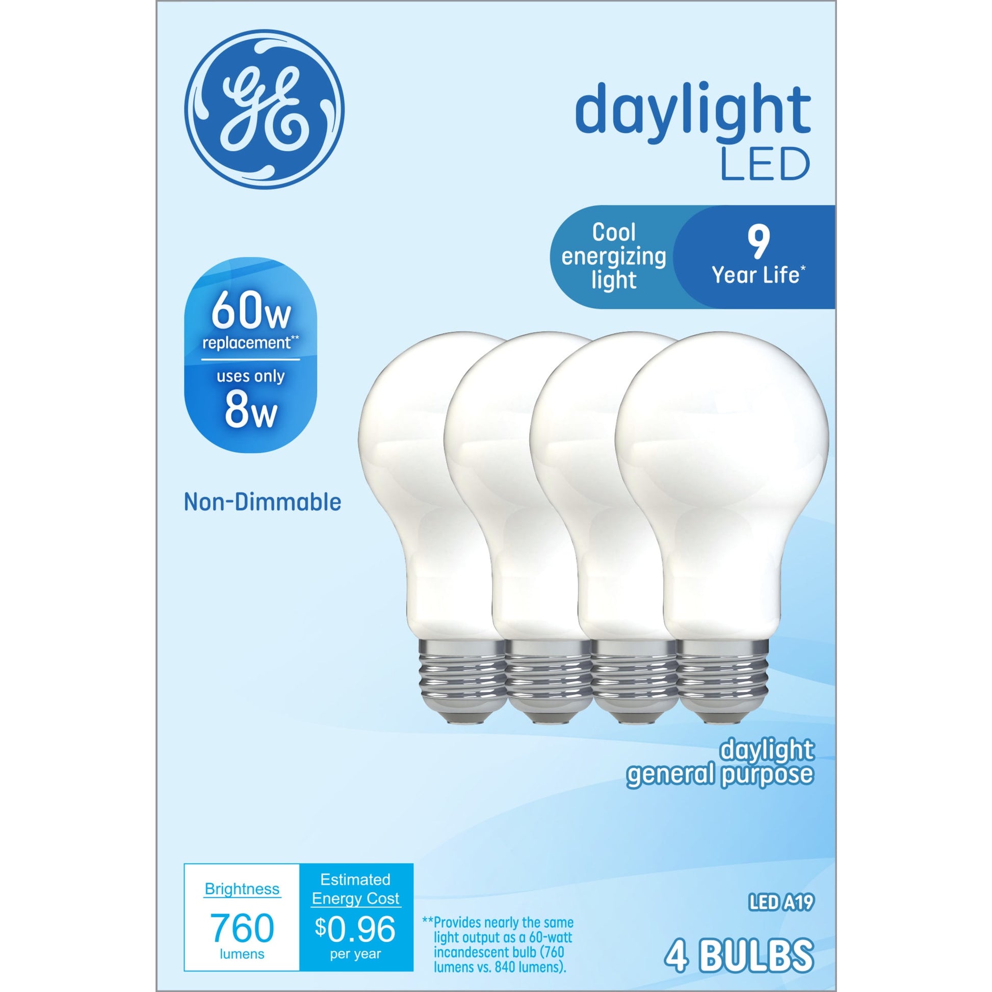 GE LED Light Bulbs, 60 Watt, Daylight, A19 Bulbs, Medium Base, Frosted Finish, 9yr, 4 Pack