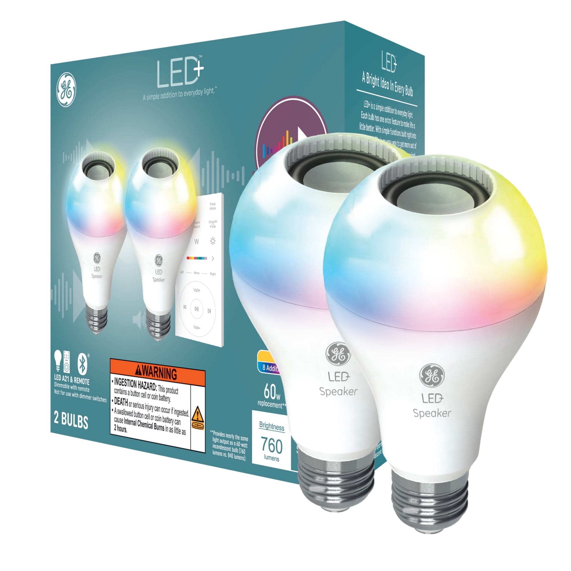 GE LED+ Speaker LED Bombilla, Cambio de Color, 60 Watt, Bombillas A21, Base Mediana, 2pk