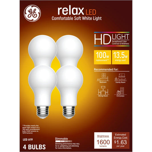 GE Relax HD LED 100 Watt Replacement, Soft White, A19 General Purpose Bulbs (4 Pack)