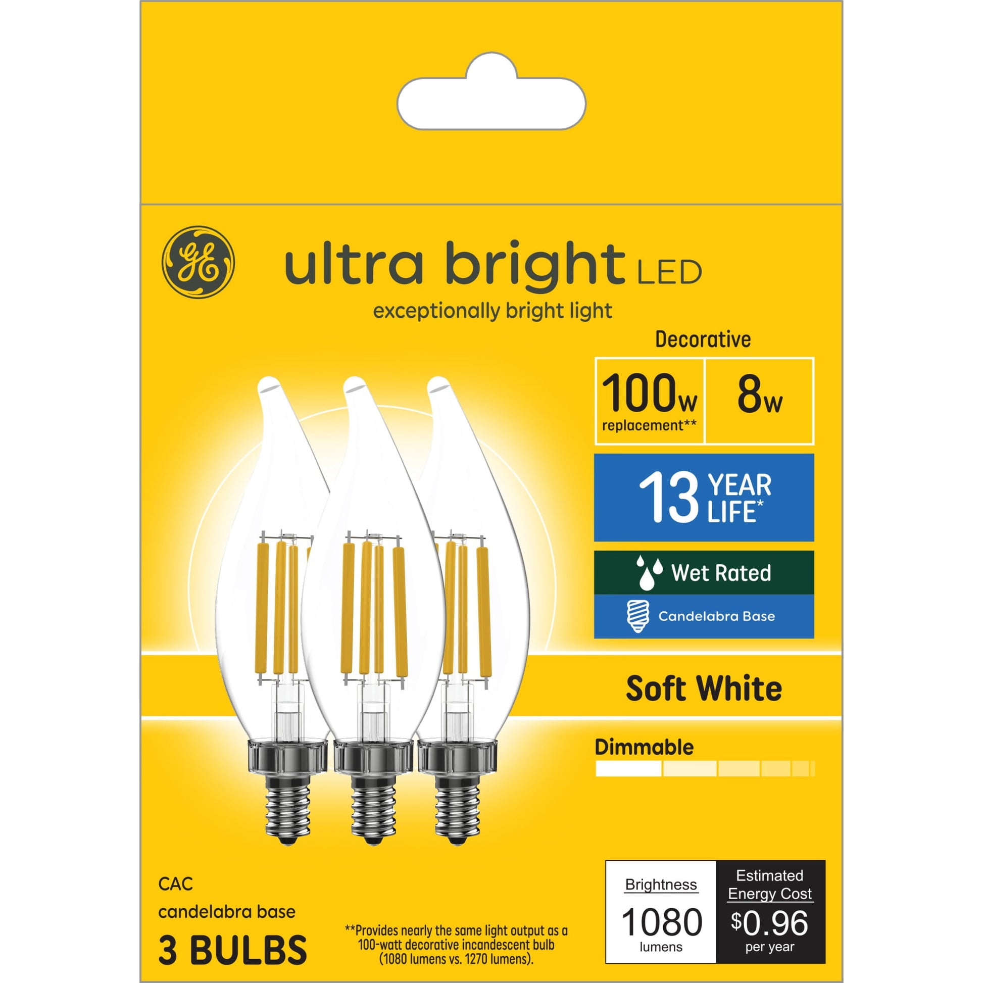 GE Ultra Bright LED Light Bulbs, 100 Watt, Soft White, CA12 Small Base, Clear Finish, 8pk