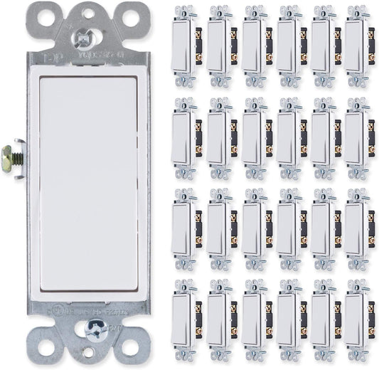 GENERAL ELECTRIC Grounding Paddle Rocker 25 Pack, Single Pole, In Wall On/Off Power Replacement for Ceiling Fans & Lights, 15 Amp, for Home, Office & Kitchen, UL Listed, White, 44018 Light Switch