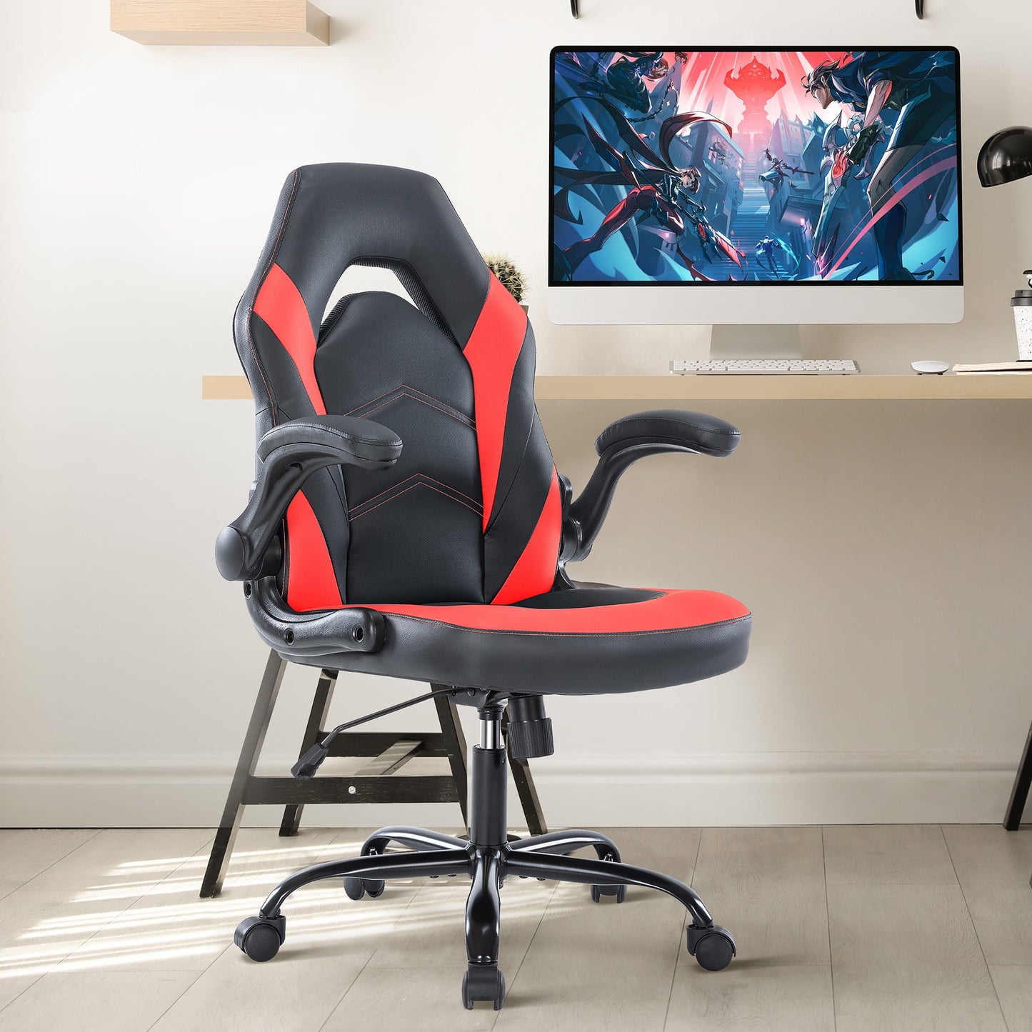 GIANNA Computer Gaming Chair, Ergonomic PU Leather Racing Chair with Flip-up Armrest, Black Blue
