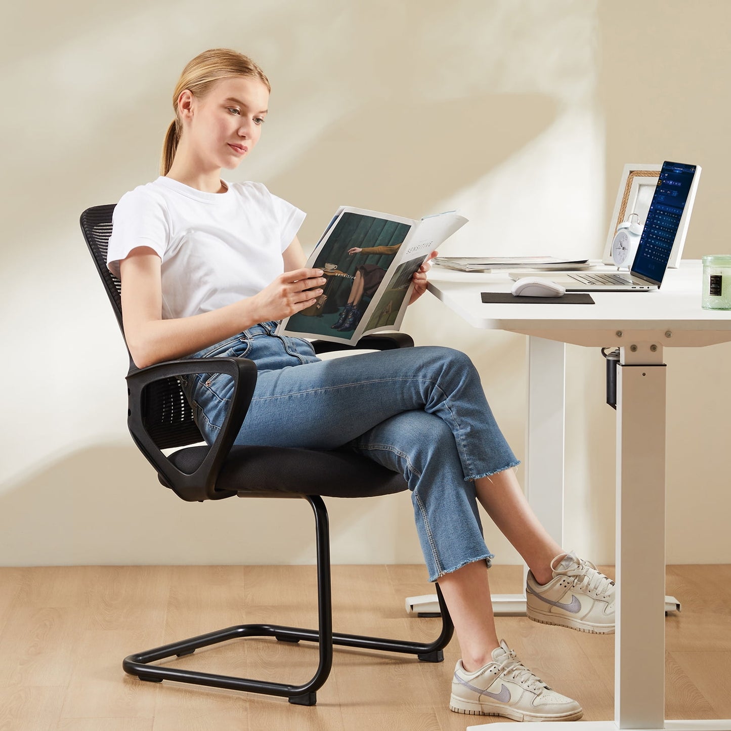 GIANNA Office Chair with Lumbar Support No Wheels, Stationary Mesh Mid Back Computer Chairs, 1 Pack