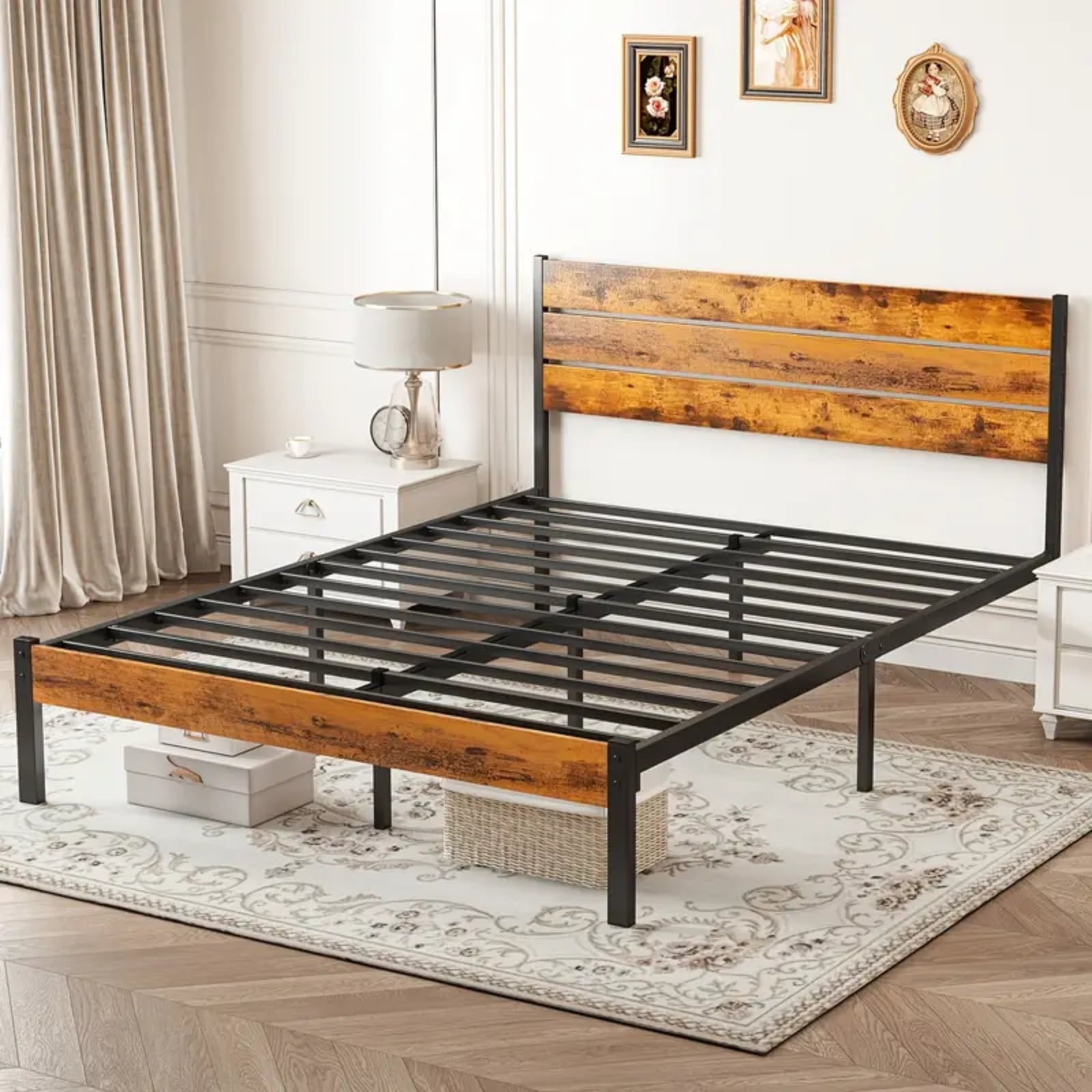 Gianna Queen Metal Bed Frame with Headboard, Underbed Storage, Sturdy Steel Slats, No Box Spring Needed, Rustic Brown