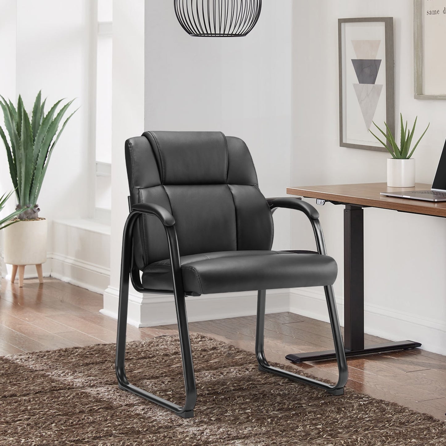 GIANNA Waiting Room Guest Chair with Bonded Leather Padded Arm Rest for Office Reception and Conference Desk Black with Sled Base