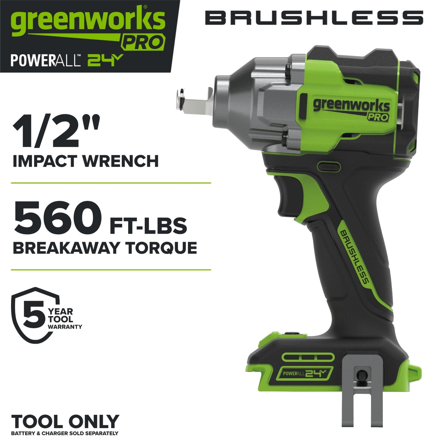 Greenworks Pro 24V 560 ft-lb Breakaway Torque 1/2" Impact Wrench, Tool Only, IW5550A1