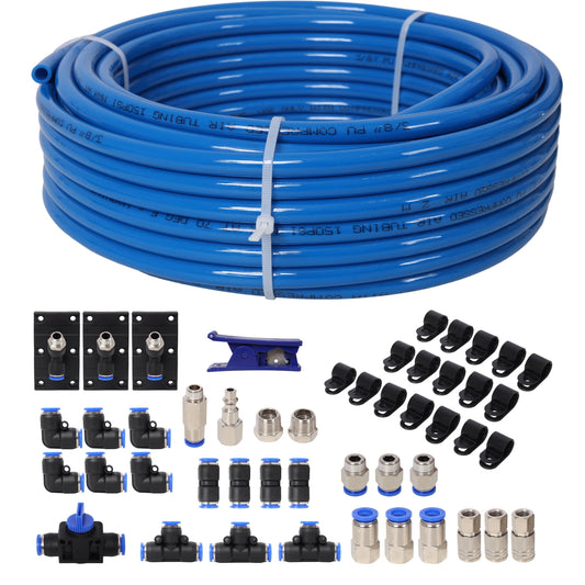 Garage Air Compressor Accessories Master Kit,3/8 Inch (9.5MM) OD Ã— 60 Feet PU tubing,Blue Tubing
