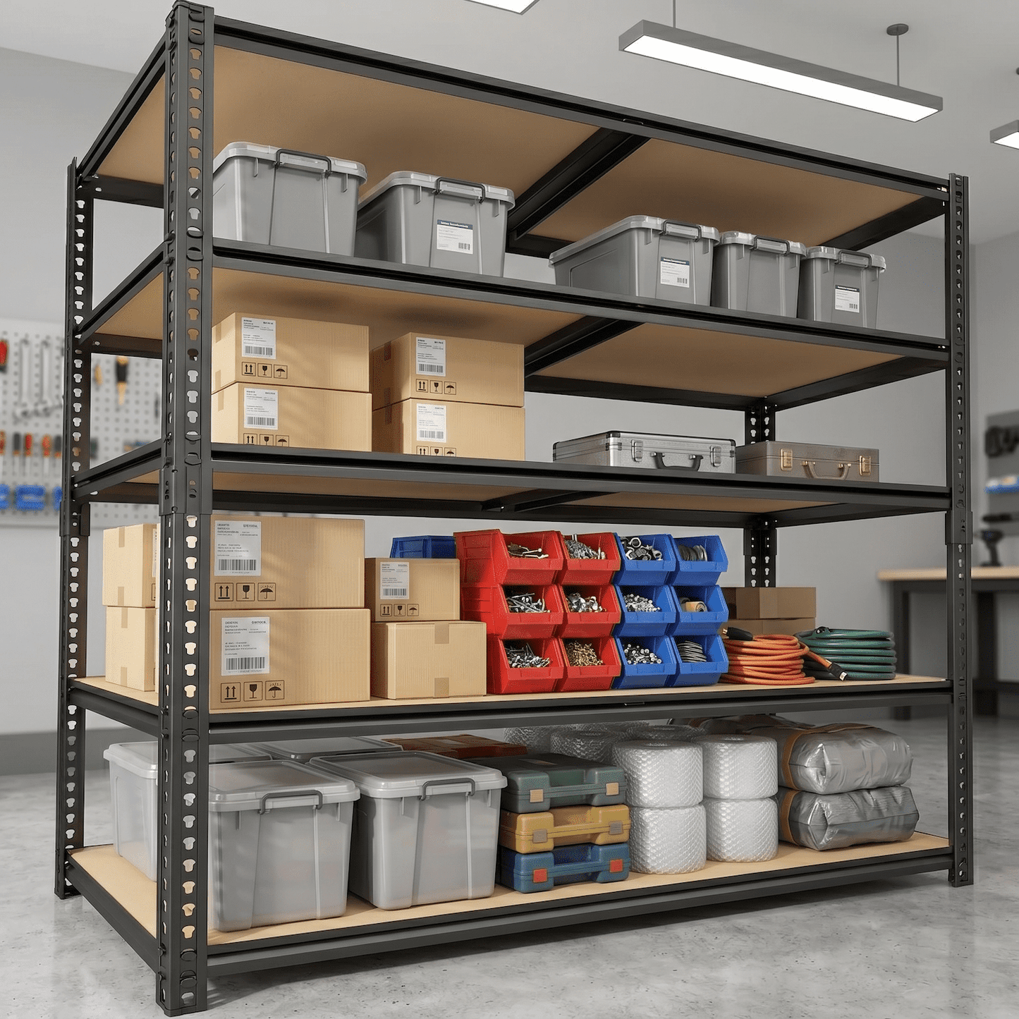 Heavy Duty Garage Shelving, 2400 lbs Capacity 5-Tier Metal Storage Shelves, Adjustable Shelving Unit, 28â€W x 12â€D x 60â€H Narrow Garage Storage Rack, Boltless Easy Assembly, for Garage Basement Pantry