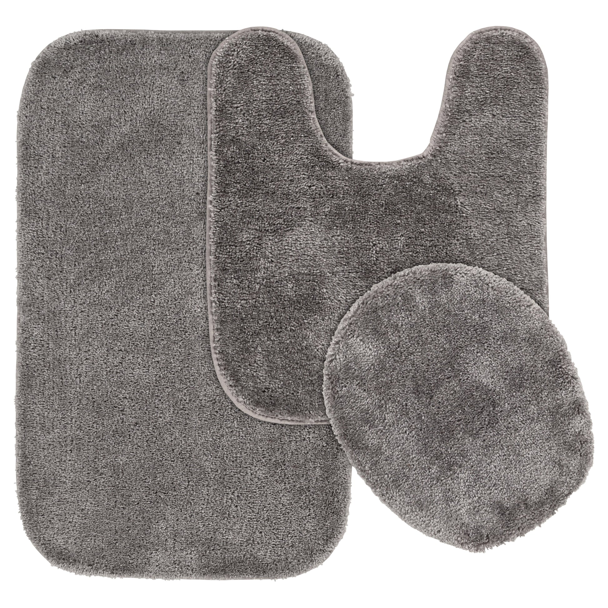 Garland Rug Traditional Washable Bath Rug Set, 3 Piece Set (21"x34" Bath Rug, Contour Rug, & Toilet Lid) Medium Gray