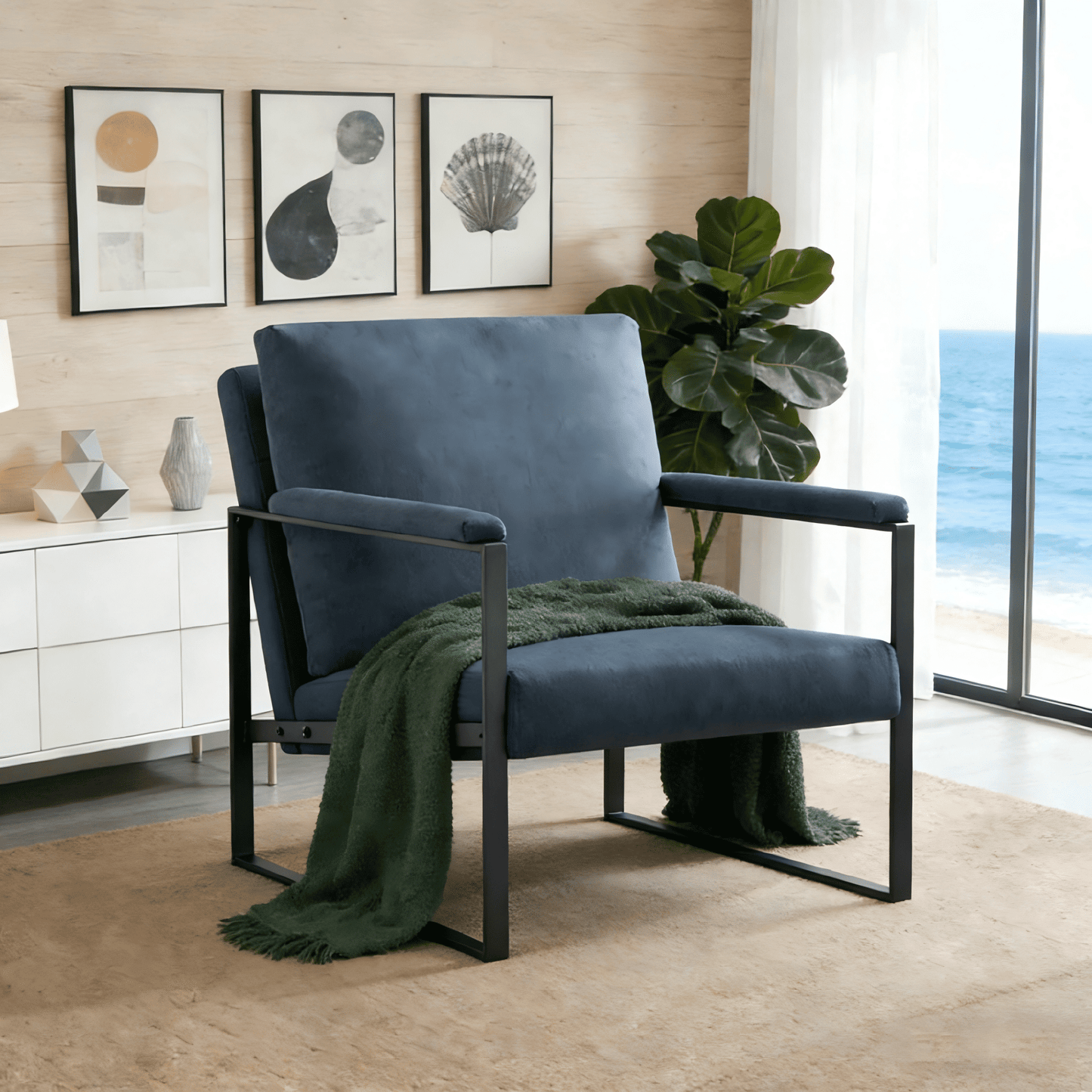 Gewnee Dark Blue 26.8â€ Metal Frame Accent Armchair, Linen Blend Upholstery with Removable Cushion for Home Office Study