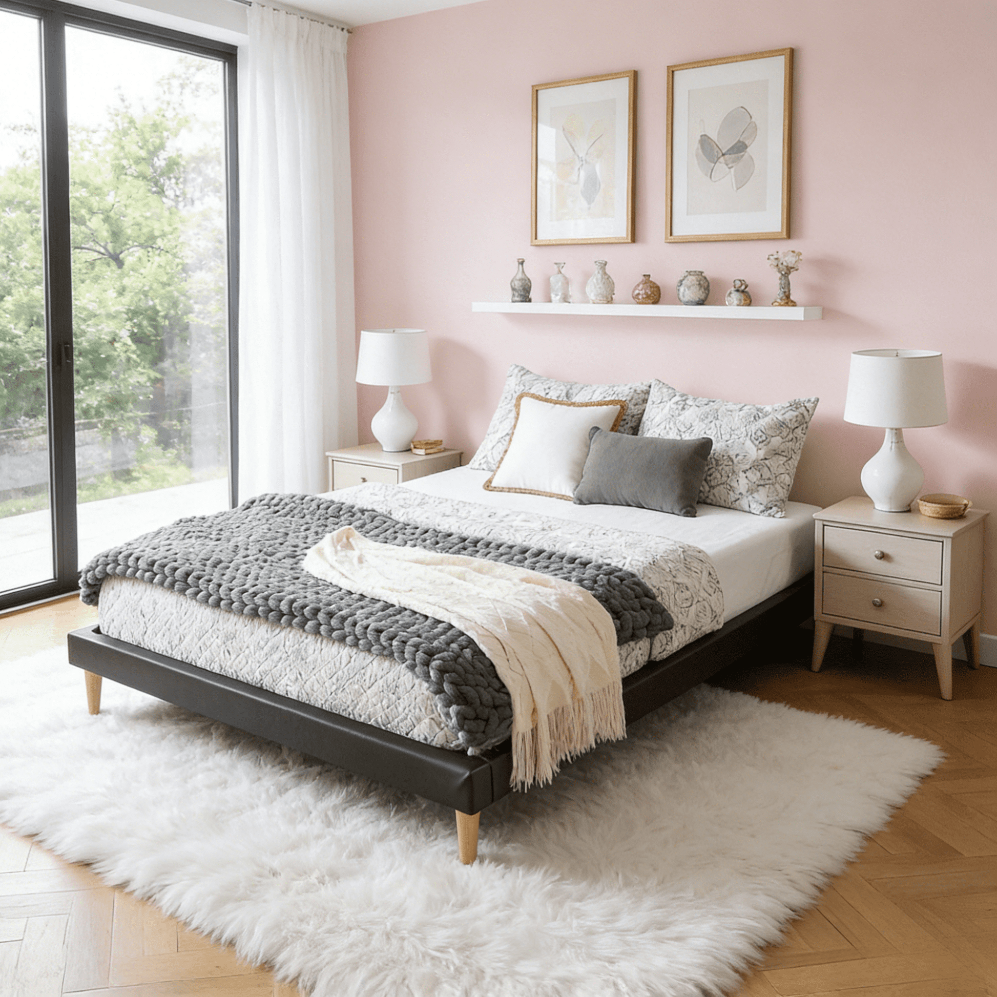 Gewnee Faux Leather Queen Platform Bed Frame with Wood Slats, Black