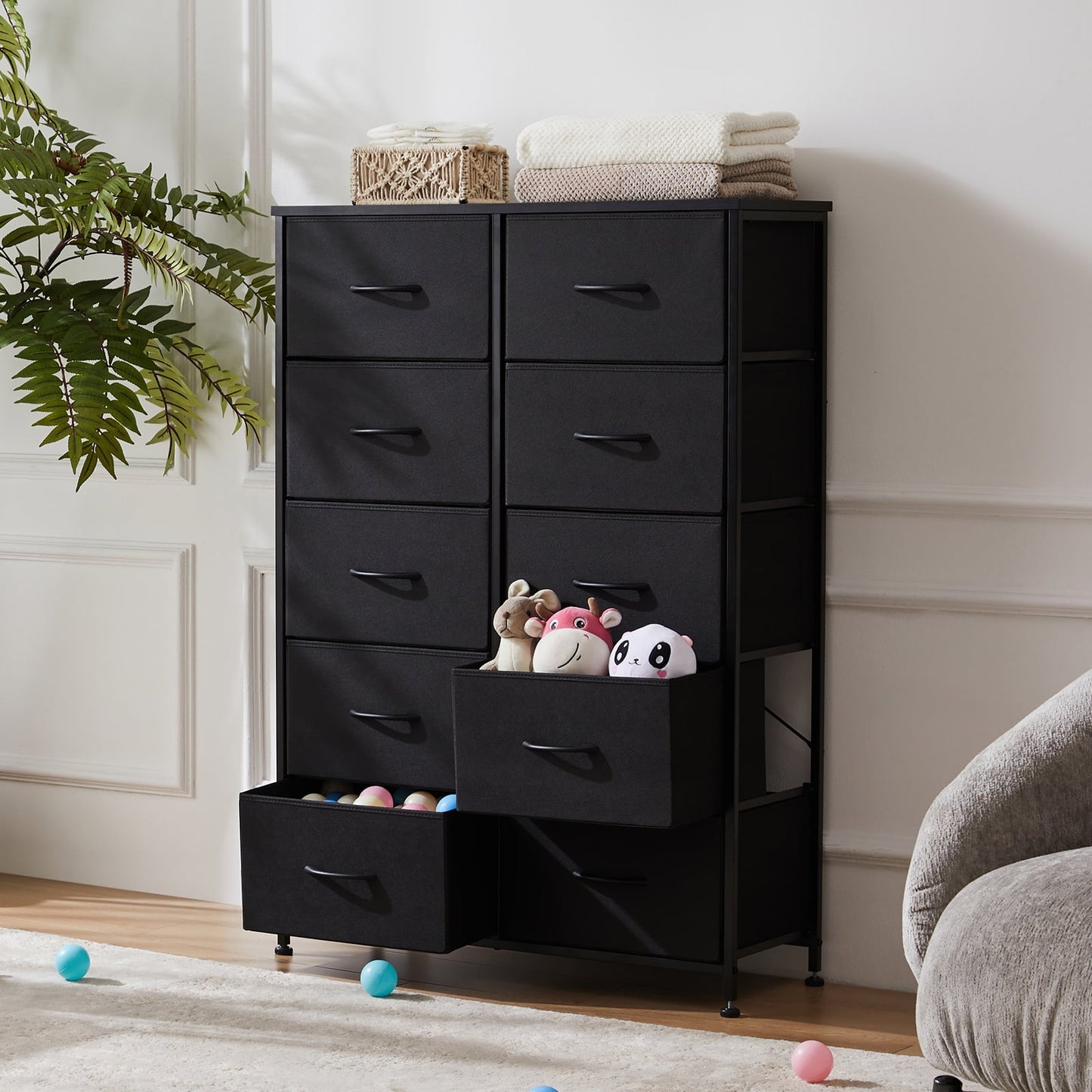 Gianna 2 Drawer Dresser Nightstand and 10 Drawer Dresser Set of 2 for Bedroom, Living Room, Hallway, Tall Chest Organizer with Fabric Bins, Steel Frame, Rust Brown
