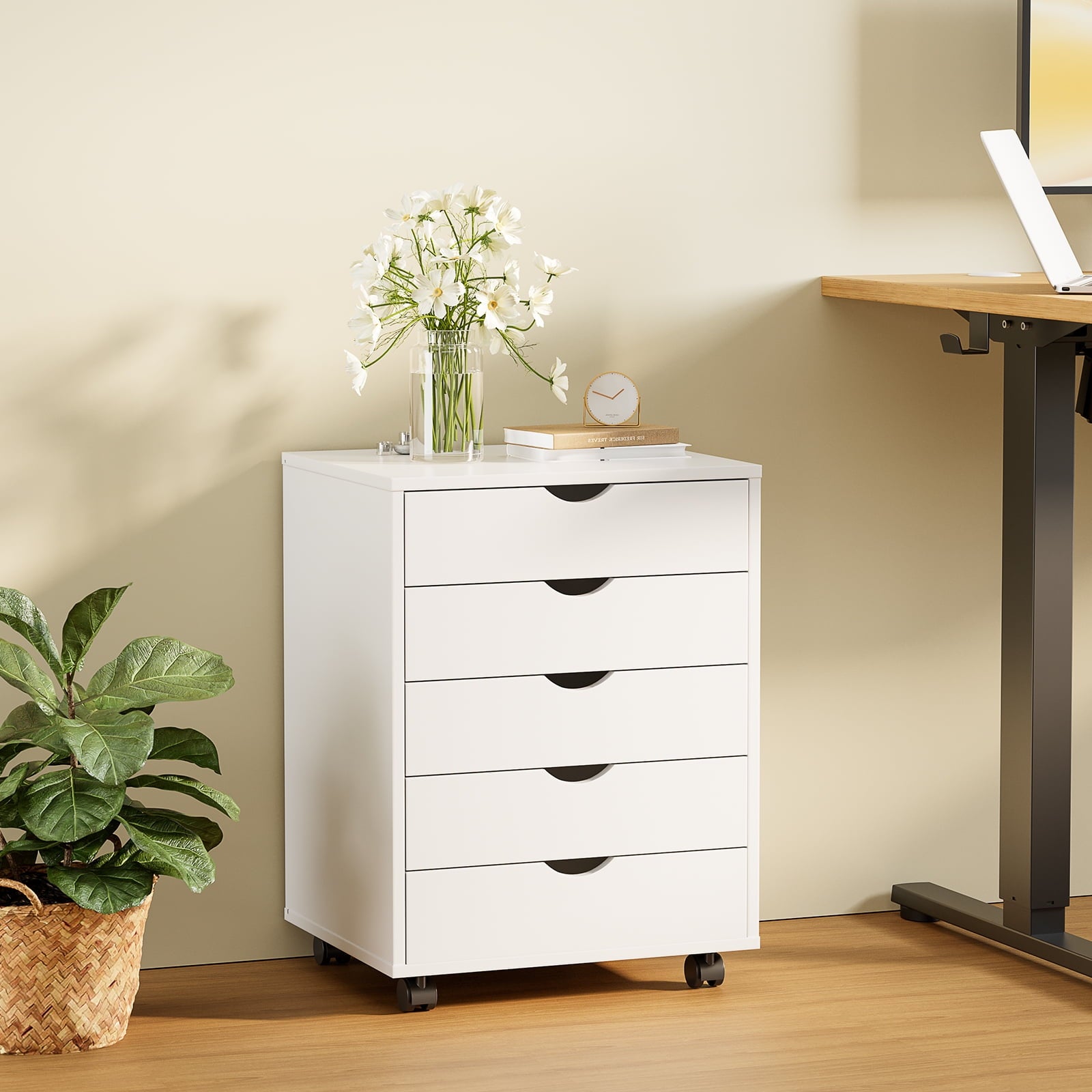 EDX 5 Drawer Storage Cabinet with Wheels for Bedroom, Home, Office Organization, White
