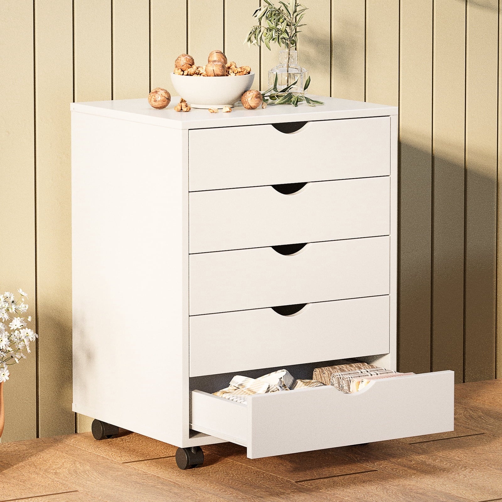CONCETTA 5 Drawer Storage Cabinet with Wheels for Bedroom, Home, Office Organization, White