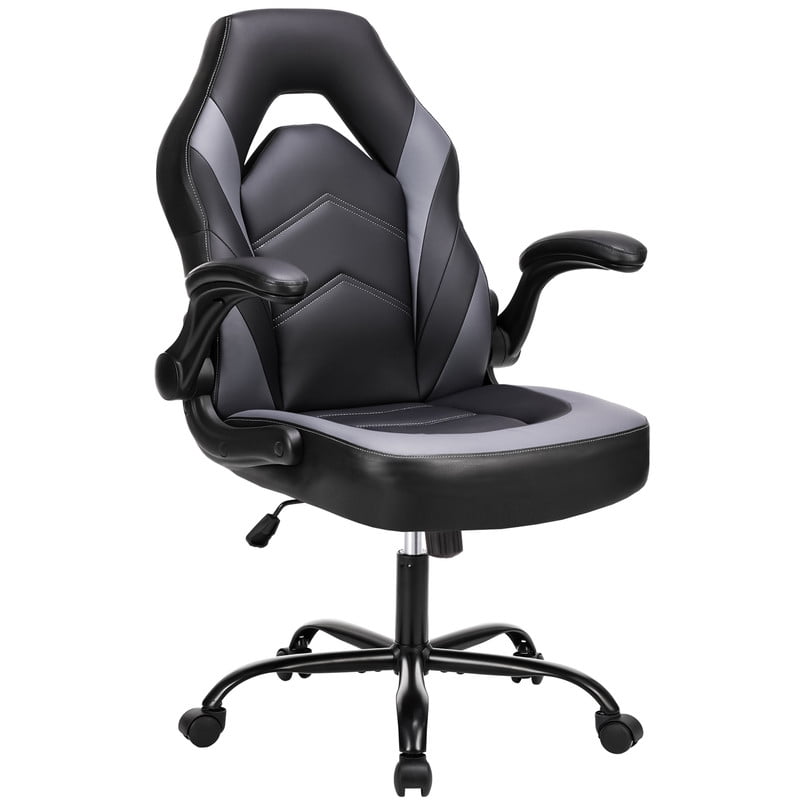 Gianna Ergonomic Computer Gaming Chair with Flip-up Armrest, Height Adjustable PU Leather Home Office Desk Chair with Lumbar Support Swivel Wheels and for Adultsï¼ŒBlack Gray