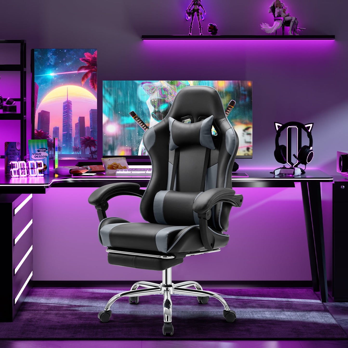 Gianna Ergonomic Gaming Chair With Headrest And Lumbar Pillow,Height Adjustable With 360Â°-Swivel Seat,Grey