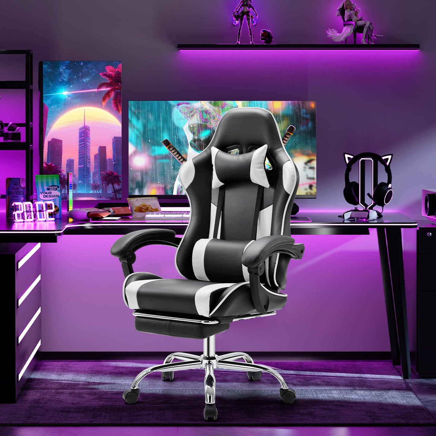 Gianna Ergonomic Gaming Chair With Headrest And Lumbar Pillow,Height Adjustable With 360Â°-Swivel Seat,White