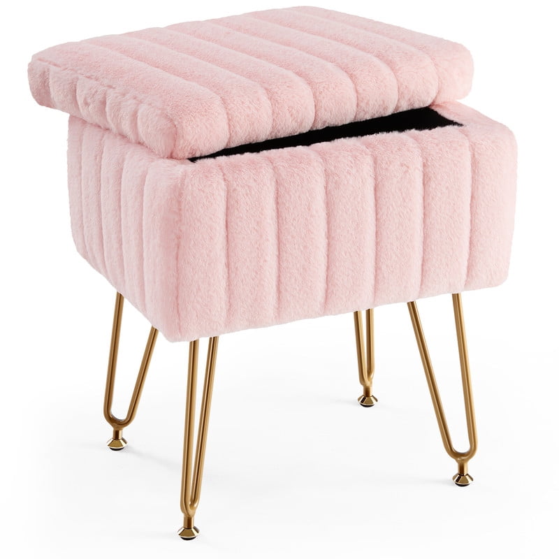 Gianna Square Ottoman with Storage, Makeup Cute Soft Small Footstool, Modern Style Faux Fur Seat with 4 Metal Legs & Adjustable Feet for Dressing, Living Room Bedroom Dorm, Pink