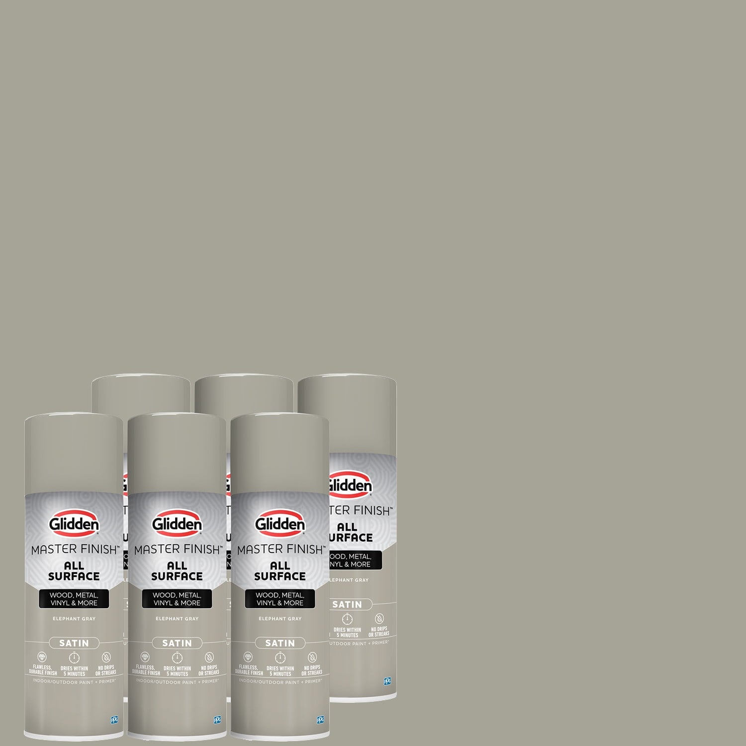 Glidden Master Finish 12 oz. Satin Elephant Gray Interior/Exterior All Surface Spray Paint and Primer, 6 Pack