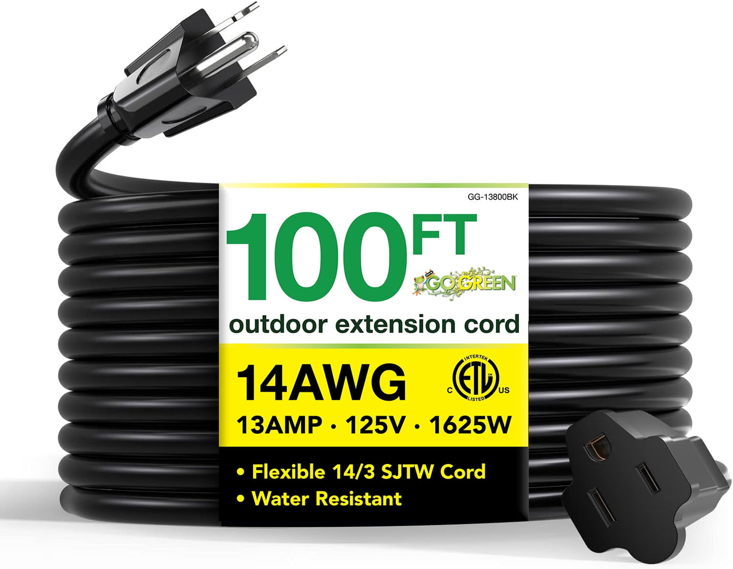 GoGreen Power (GG-13800BK) 14/3 100â€™ SJTW Outdoor Extension Cord, Black, 100 Ft