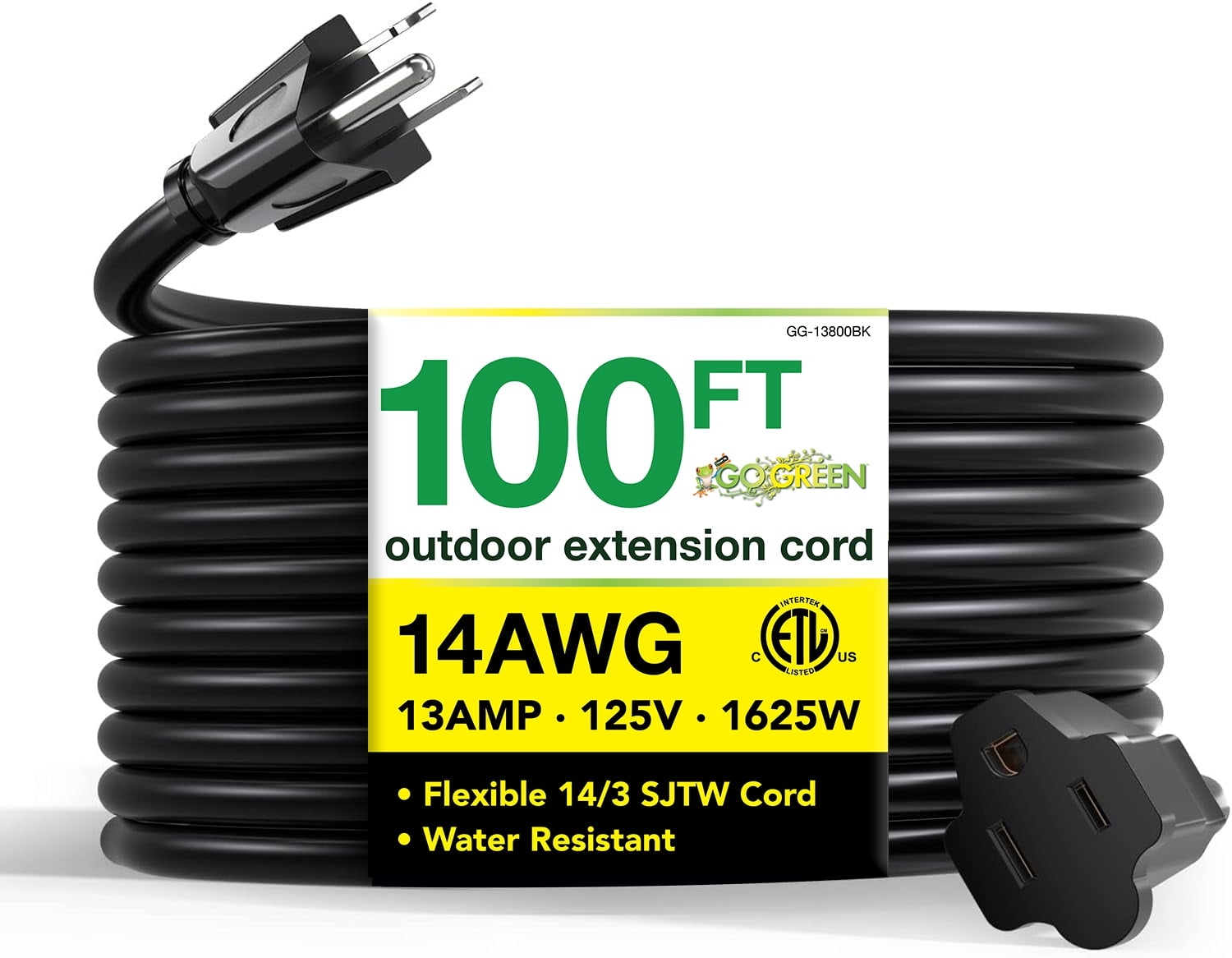 GoGreen Power (GG-13800BK) 14/3 100â€™ SJTW Outdoor Extension Cord, Black, 100 Ft