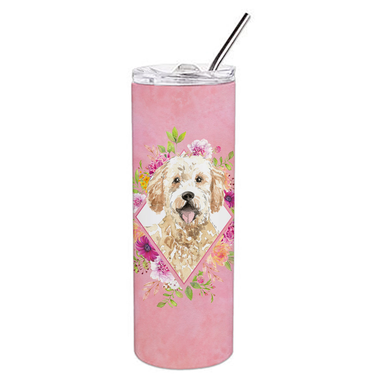 Goldendoodle Pink Flowers Double Walled Stainless Steel 20 oz Skinny Tumbler