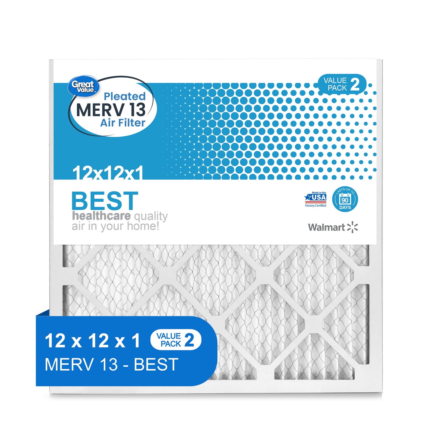 Great Value; 12x12x1; MERV 13 BEST HVAC Air and Furnace Filter; Improves Indoor Air Quality; 2 Filters