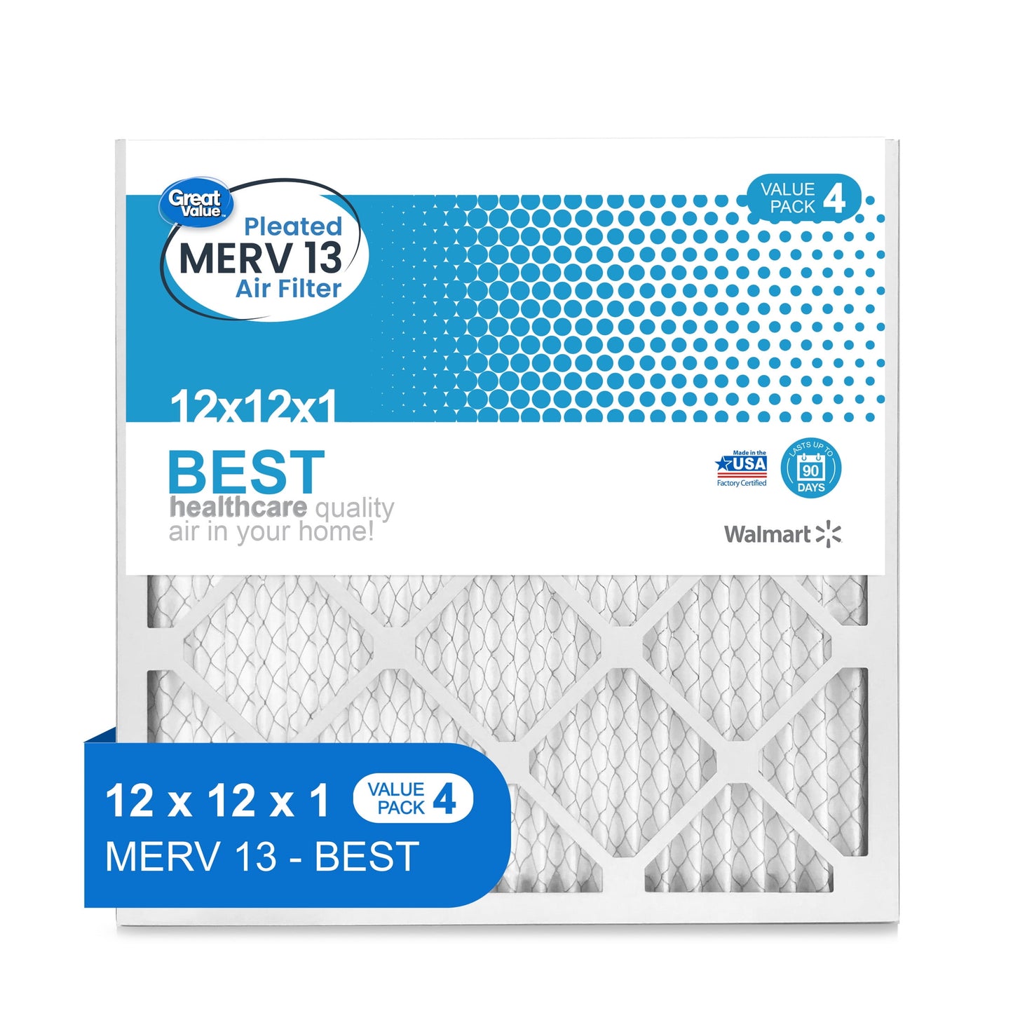 Great Value; 12x12x1; MERV 13 BEST HVAC Air and Furnace Filter; Improves Indoor Air Quality; 4 Filters