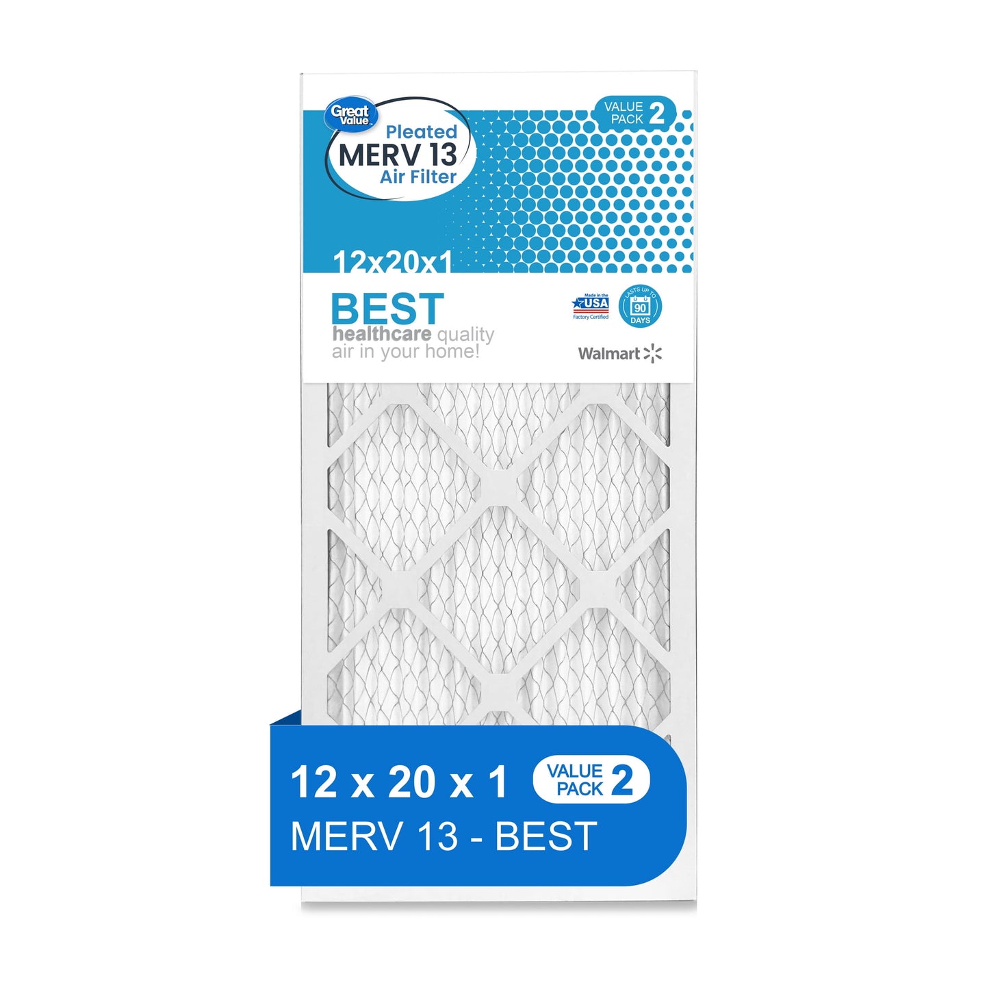 Great Value; 12x20x1; MERV 13 BEST HVAC Air and Furnace Filter; Improves Indoor Air Quality; 2 Filters