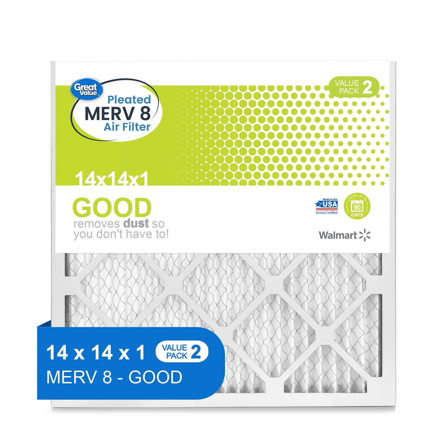 Great Value, 14x14x1, MERV 8 GOOD HVAC Air and Furnace Filter, Captures Dust, 2 Filters