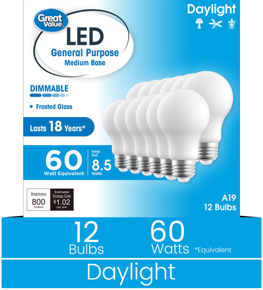 Great Value 18YR A19 LED Light Bulb, 8.5W(60W Equivalent), E26 Base, Dimmable, Daylight, 12-Pack