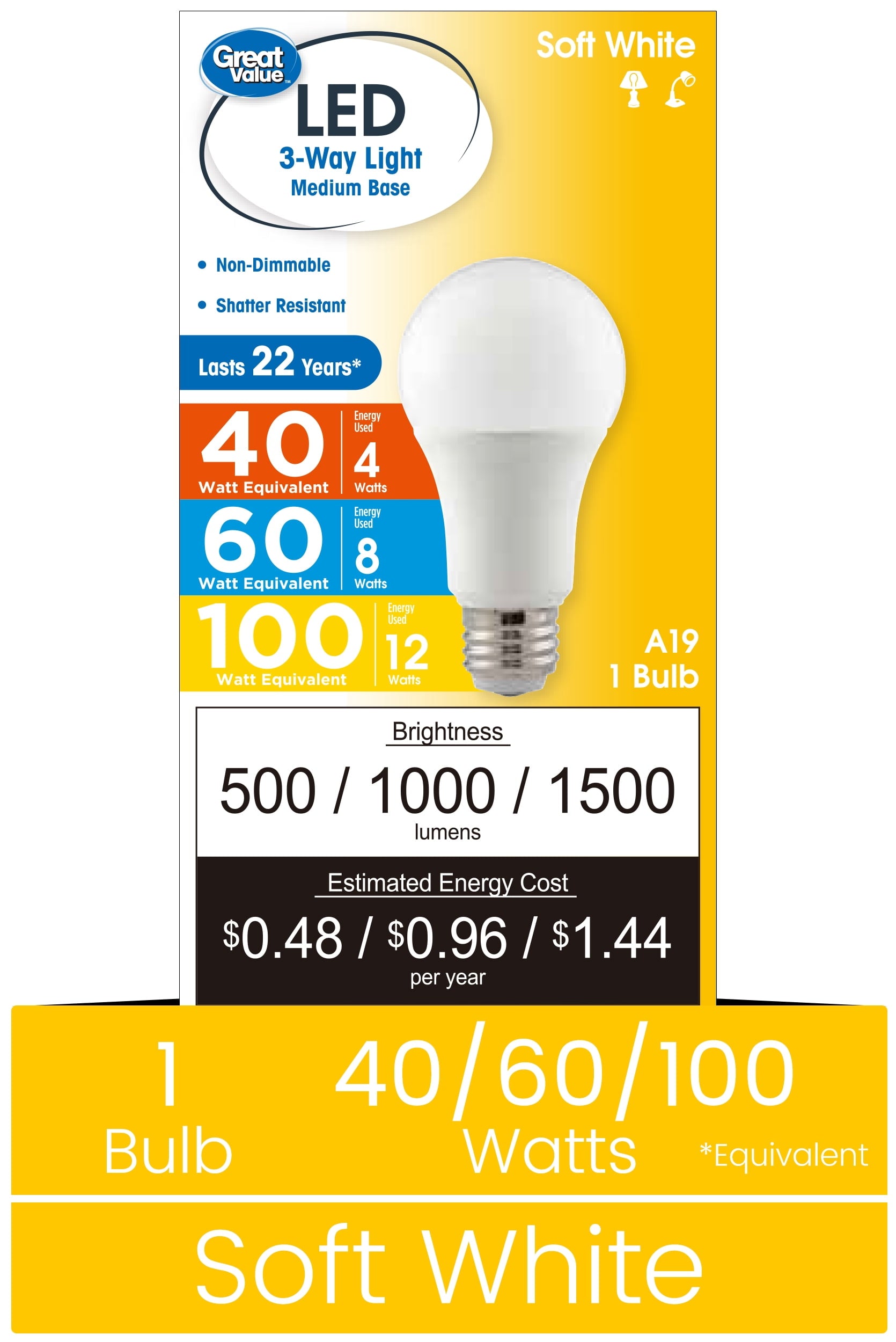 Great Value 3-Way A19 LED Light Bulb, 40/60/100 Watts Tunable, Soft White, E26 Medium Base (1 Pack)